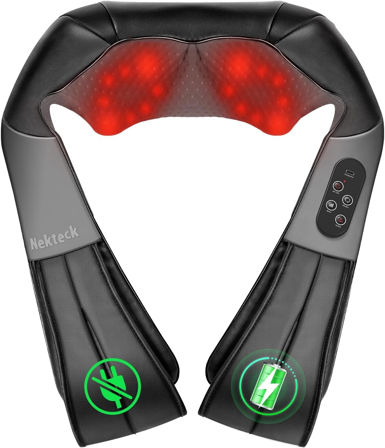 Nekteck Shiatsu Neck Massager with Heat for Pain Relief Deep Tissue, 2026 Upgraded 3D Back Shoulder Kneading Massage Pillow, Body Muscle Relaxation Tools Gifts for Him Her, Black (Cordless)