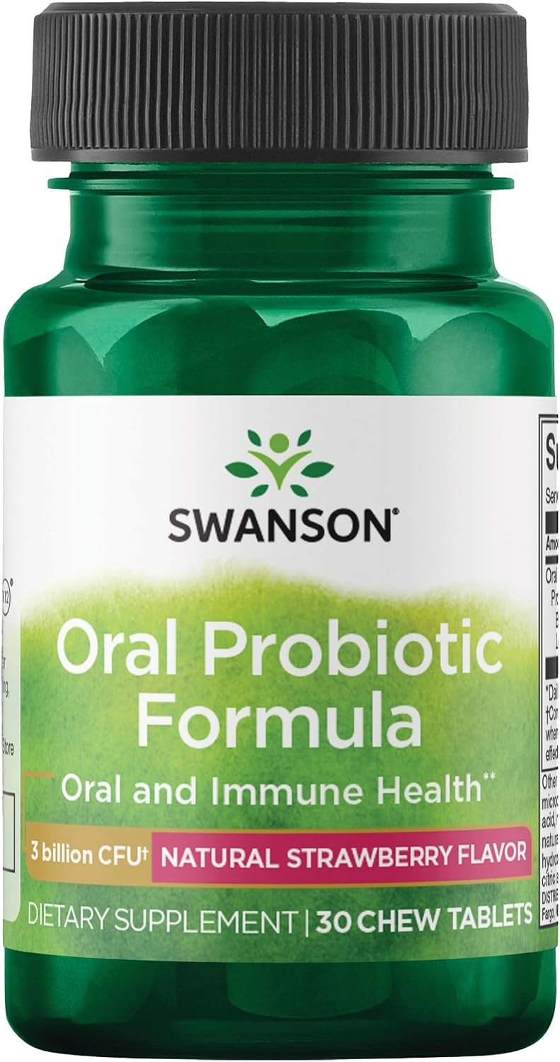 Swanson Oral Probiotic Formula with BLIS K12 for Adults Seeking Oral, Respiratory, and Immune Health Support – Natural Strawberry Flavor (30 Chewable Tablets)