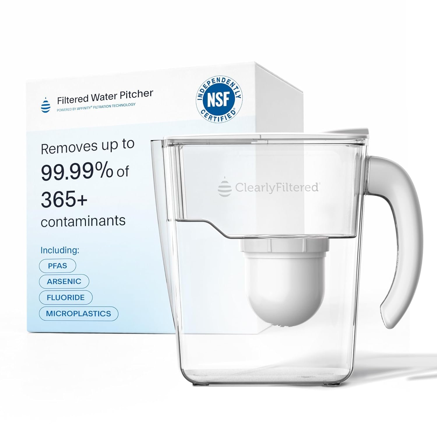 Clearly Filtered Filtered Water Pitcher – 80 Fl Oz, NSF Certified – Targets 365+ Contaminants – Fluoride, PFAS, Lead, Chlorine, Microplastics – BPA/BPS Free – 10 Cup Filter (Pitcher Includes 1 Filter)