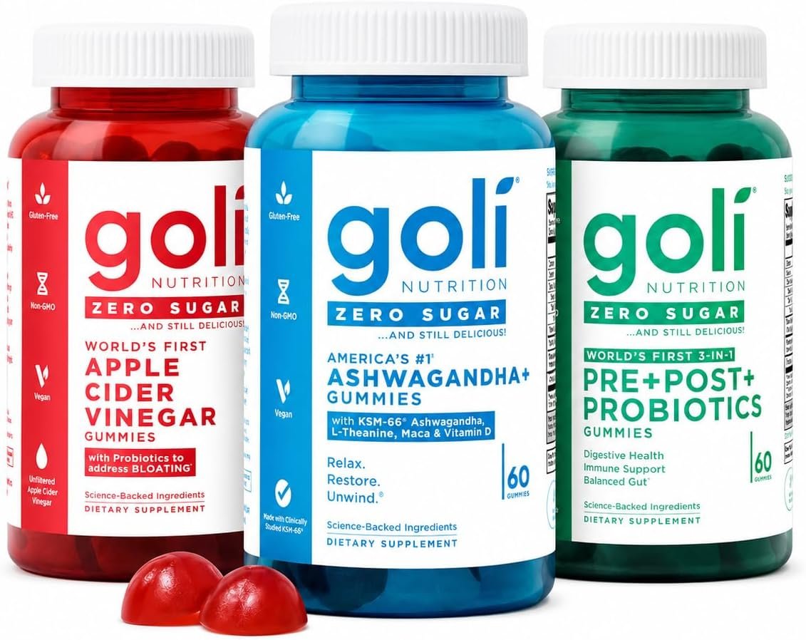 Goli Zero Sugar Trio – World’s First 3-in-1 Pre, Post, Probiotic, Apple Cider Vinegar with Vitamin B12 and Probiotics, Ashwagandha & L-Theanine, Vitamin D Gummies, 90 Count (3-Bottle Set)