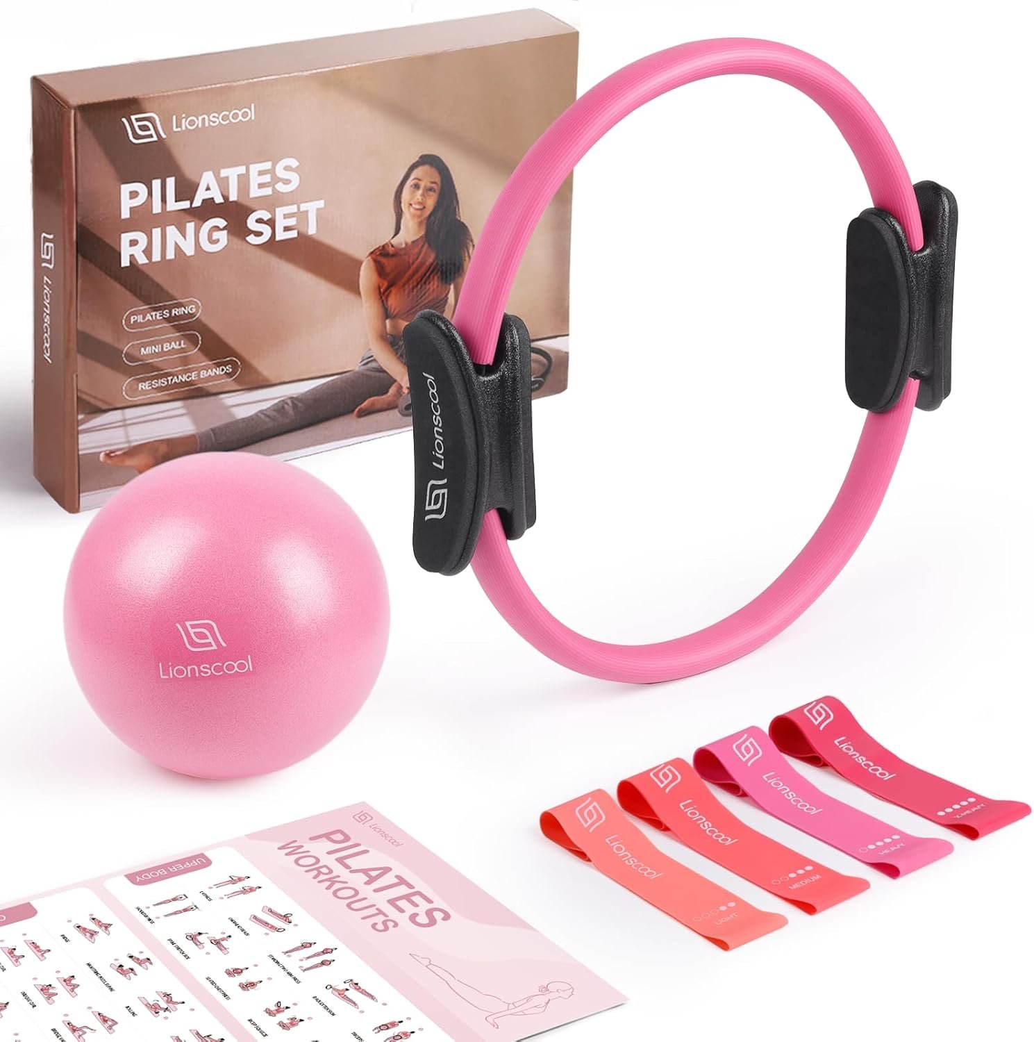 LIONSCOOL Pilates Ring Set – 14″ Anti-Deformation Magic Circle with Padded Handles, Mini Ball, Resistance Bands, Guide & Bag