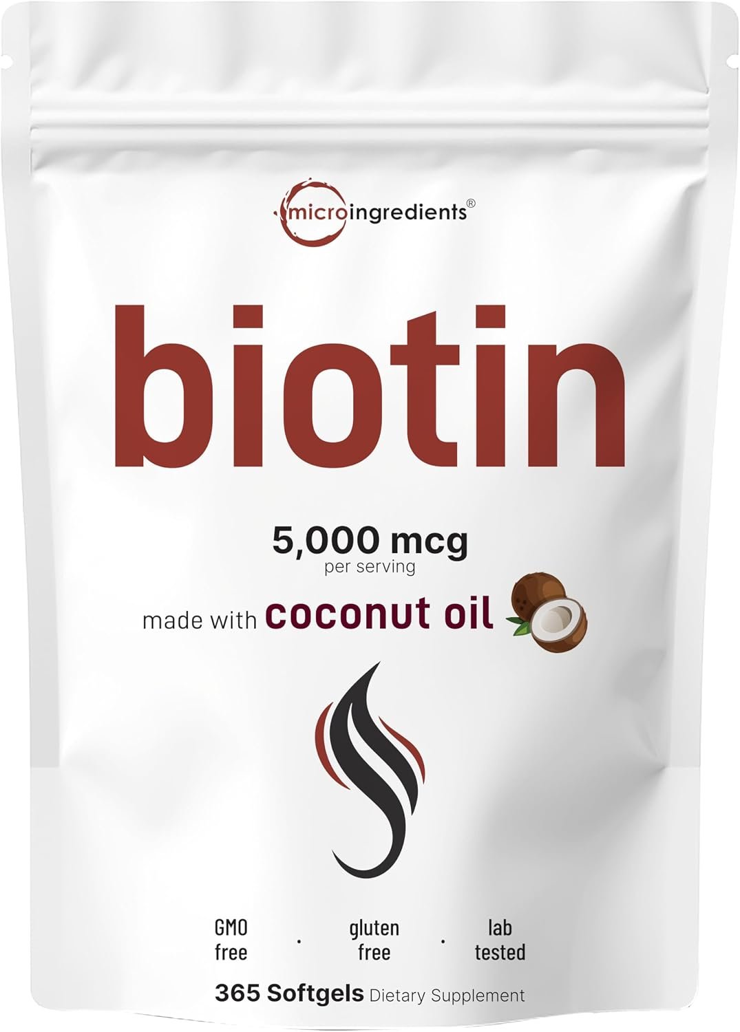 Micro Ingredients Biotin 5,000mcg | 365 Virgin Coconut Oil Softgels, Fast Release, One Year Supply | Supports Healthy Hair, Skin, & Nails | Non-GMO, No Gluten