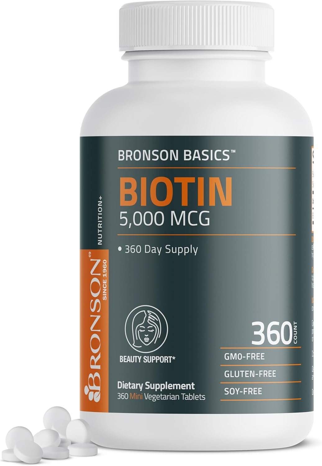 Bronson Biotin 5,000 MCG Supports Healthy Hair, Skin & Nails & Energy Production – High Potency Beauty Support – Non-GMO, 360 Vegetarian Tablets