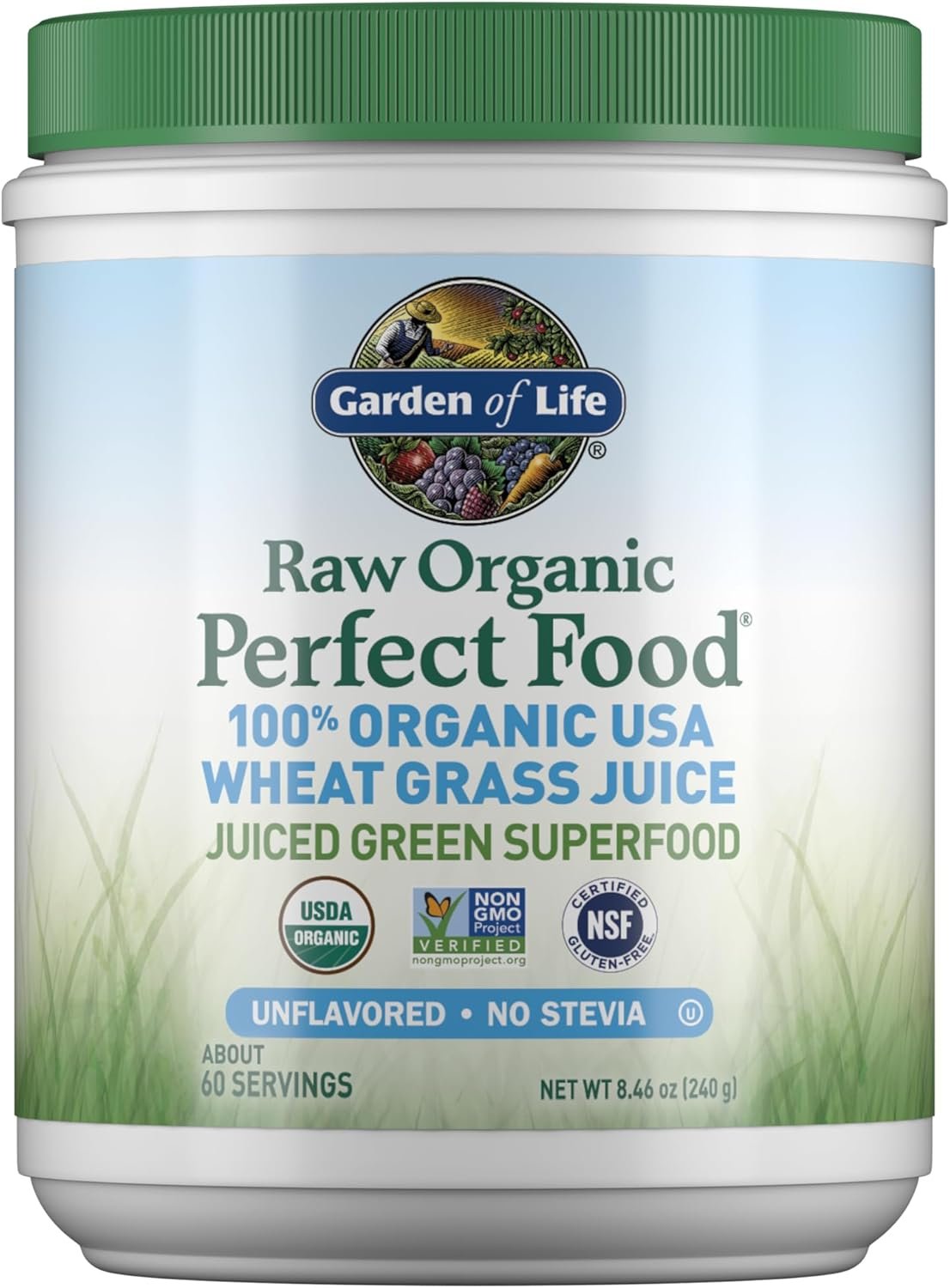Garden of Life Raw Organic Perfect Food 100% Organic USA Wheat Grass Juice, Original Stevia-Free, Superfood Powder Supplement, 60 Servings