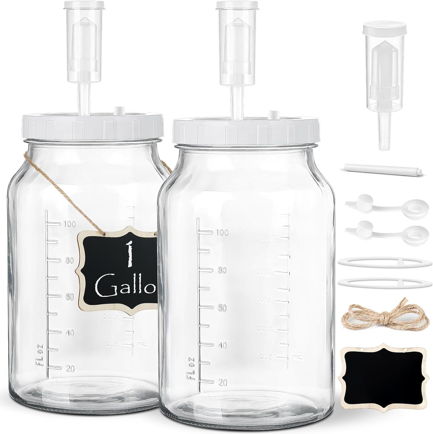 2 Pack 1 Gallon Large Fermentation Jars with 3 Airlocks and 2 SCREW Lids(100% Airtight Heavy Duty Lid w Silicone) – Wide Mouth Glass Jars w Scale Mark – Pickle Jars for Sauerkraut, Sourdough Starter