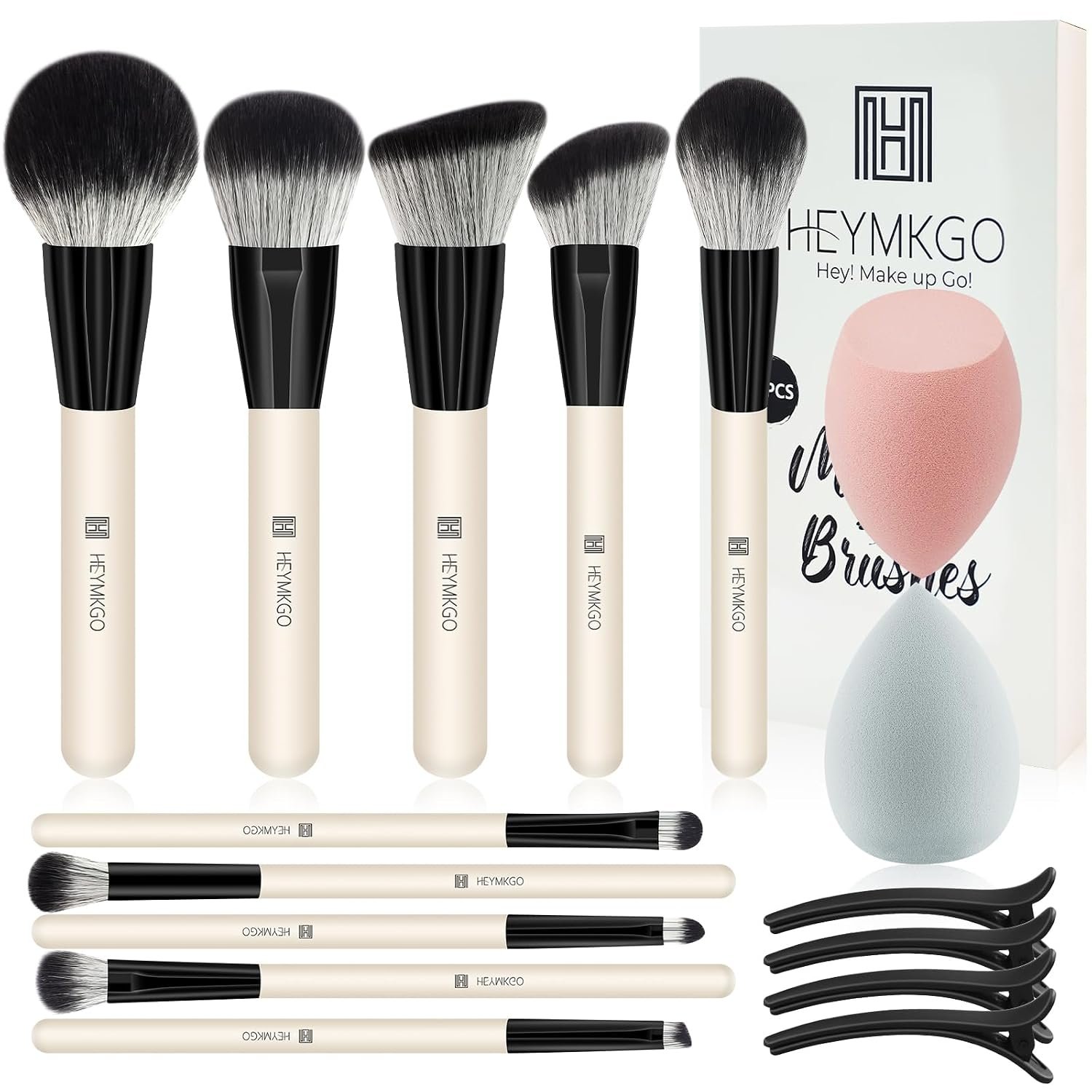 HEYMKGO Makeup Brushes, 16Pcs Brush Kit Premium Synthetic Foundation Powder Contour Concealer Blush Highlighter Brush Set with 2Pcs Makeup Sponge and 4Pcs Hair Clips for Women