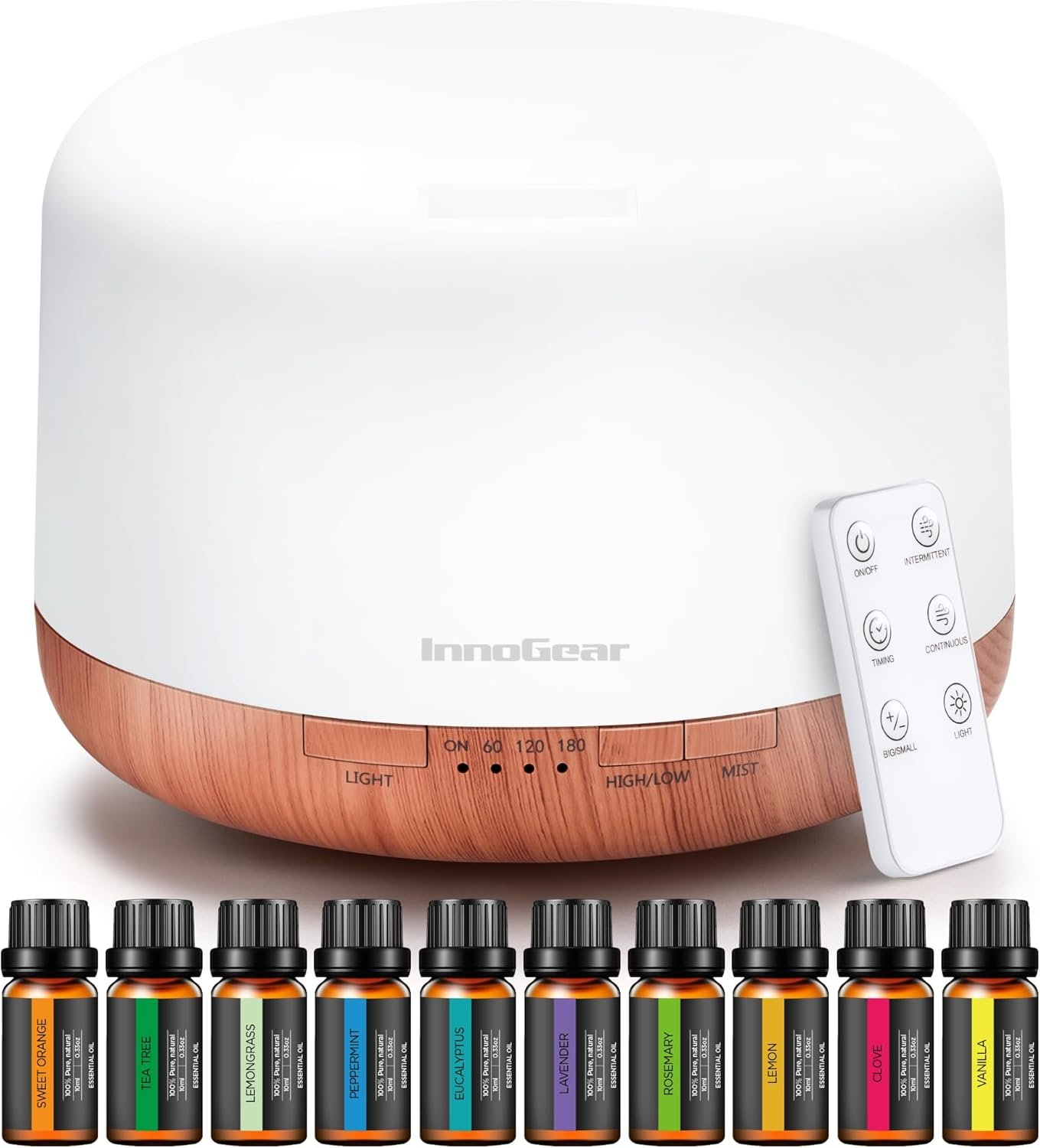 InnoGear Aromatherapy Diffuser & 10 Essential Oils Set, 500ml Essential Oil Diffuser with Remote Control Mother’s Gift Ultrasonic Cool Mist Scent Humidifier Vaporizer Auto-Off Timer for Home, Yellow