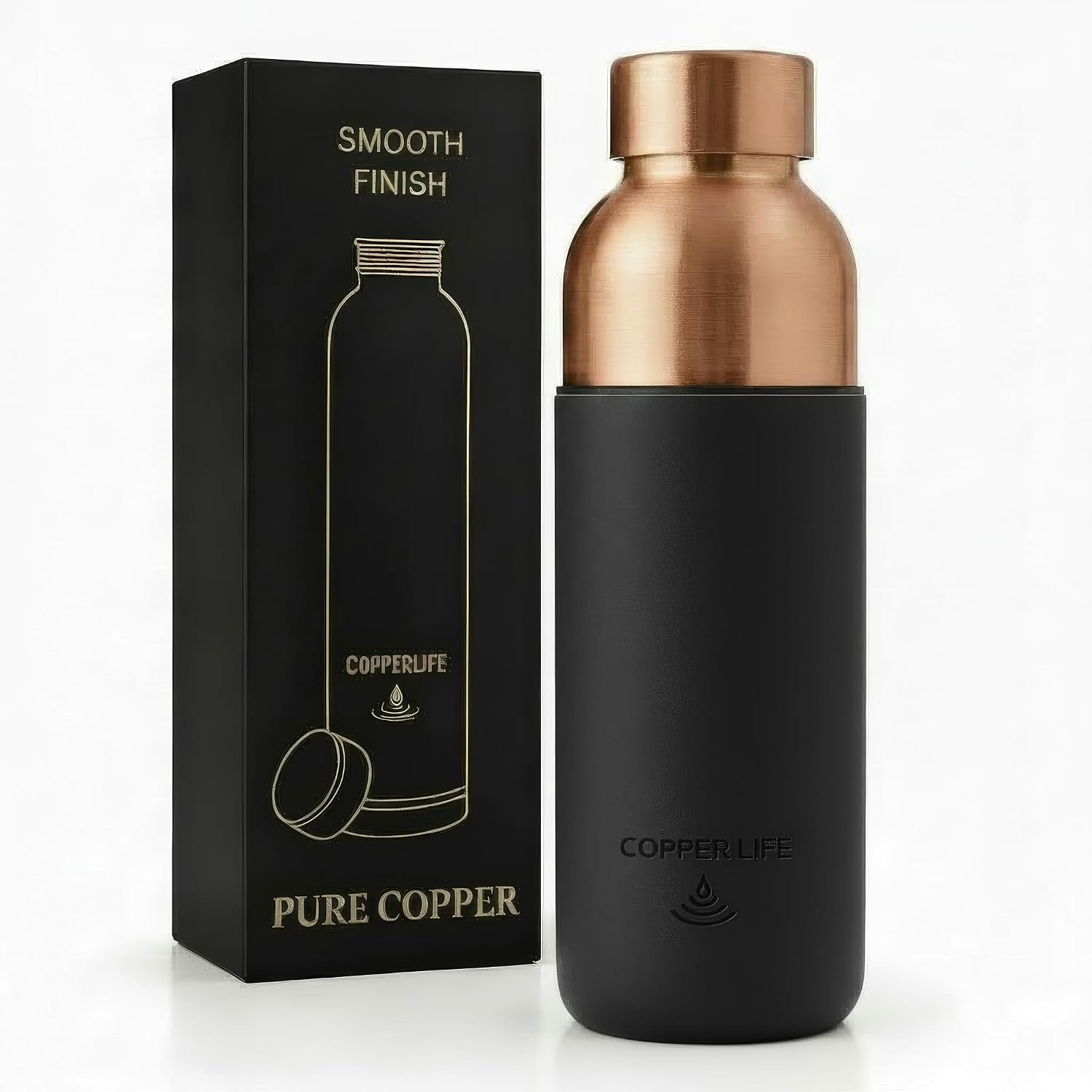 Pure Copper Water Bottle | Handcrafted, Leak-Proof, Eco-Friendly, Health-Boosting Bottle with Silicon Grip | Stylish, Reusable, Perfect for Hydration & Wellness | 34 Ounces (Black Grip)