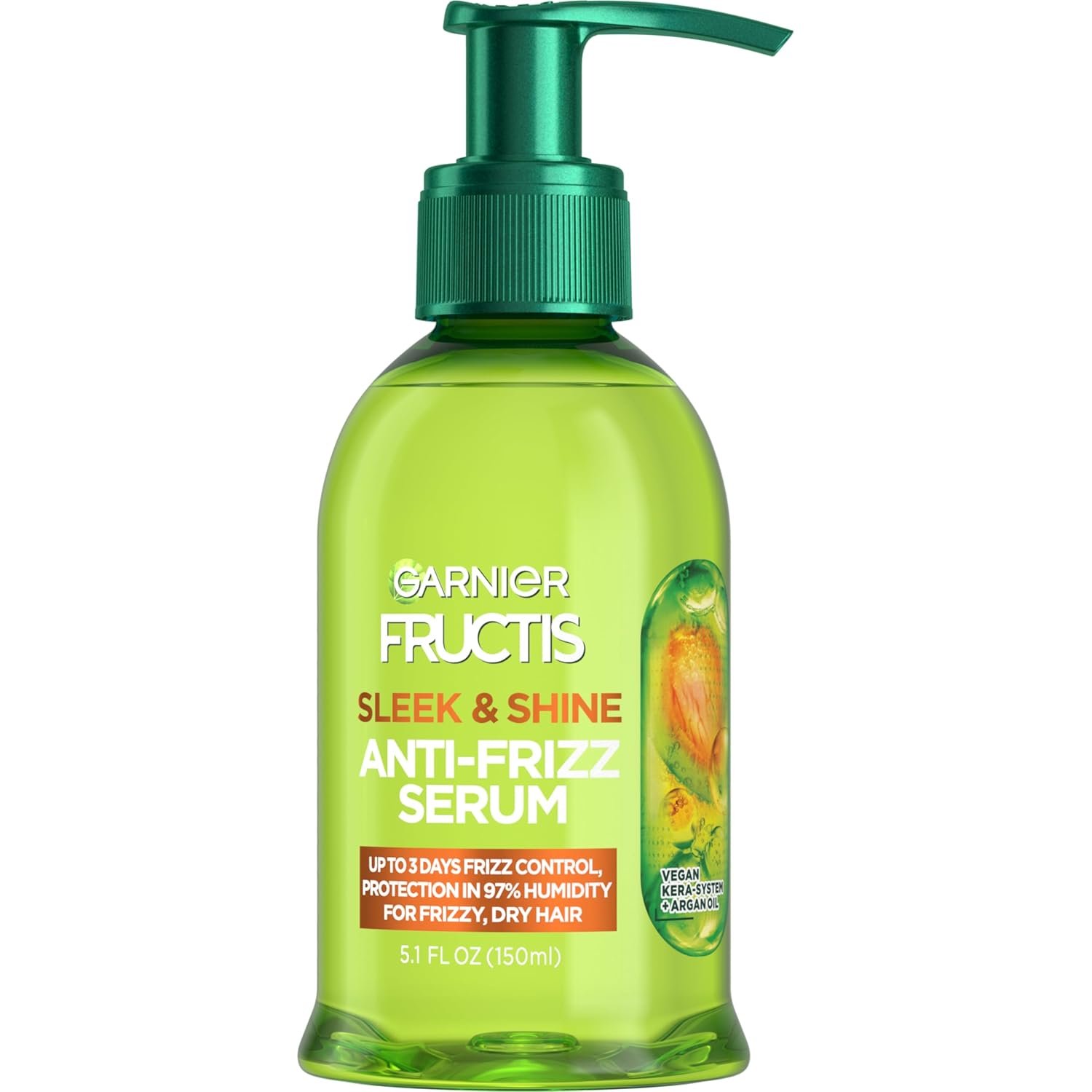 Garnier Fructis Sleek & Shine Anti-Frizz Hair Serum for Frizzy, Dry Hair, Leave-In Argan Oil Infused Formula with Up to 72HRs of Frizz Control, Smooths Flyaways & Boosts Hair Shine, 5.1 Fl Oz