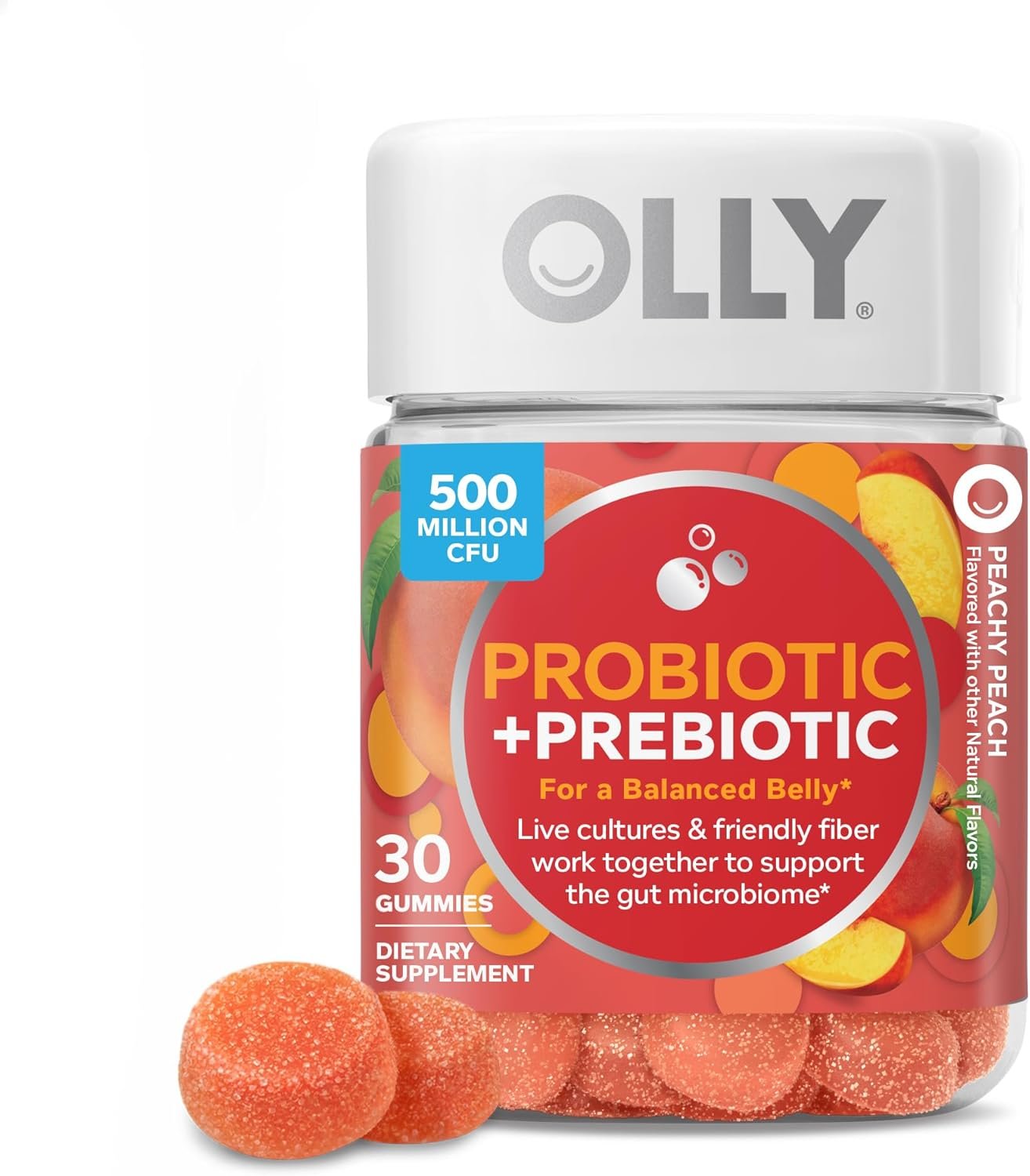 Olly, Probiotic + Prebiotic Gummy, 500 Million CFUs, Fos, Adult Chewable Supplement for Men and Women, Peach Flavored, 30 Day Supply, 30 Count