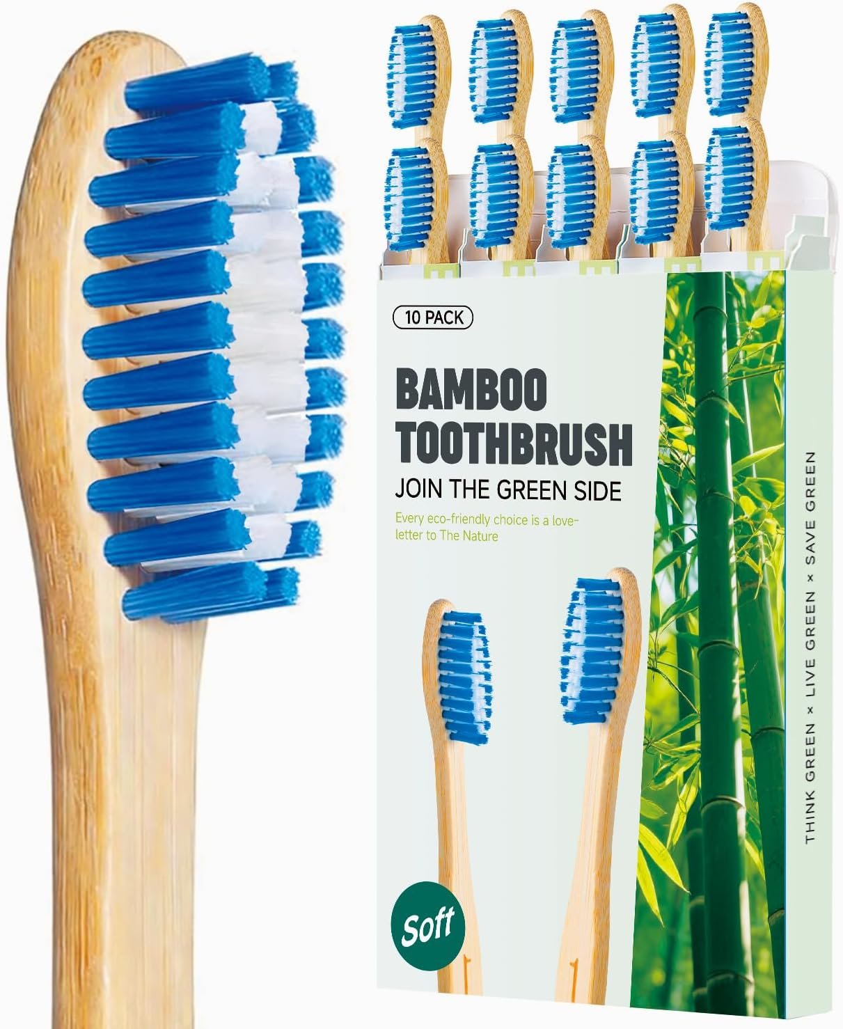 Bamboo Toothbrushes, 10 Pack Plastic Free Toothbrush, Non Toxic Natural Organic Toothbrush, Medium & Soft Wooden Toothbrushes, Bamboo Non Plastic Tooth Brush, All Natural, Biodegradable