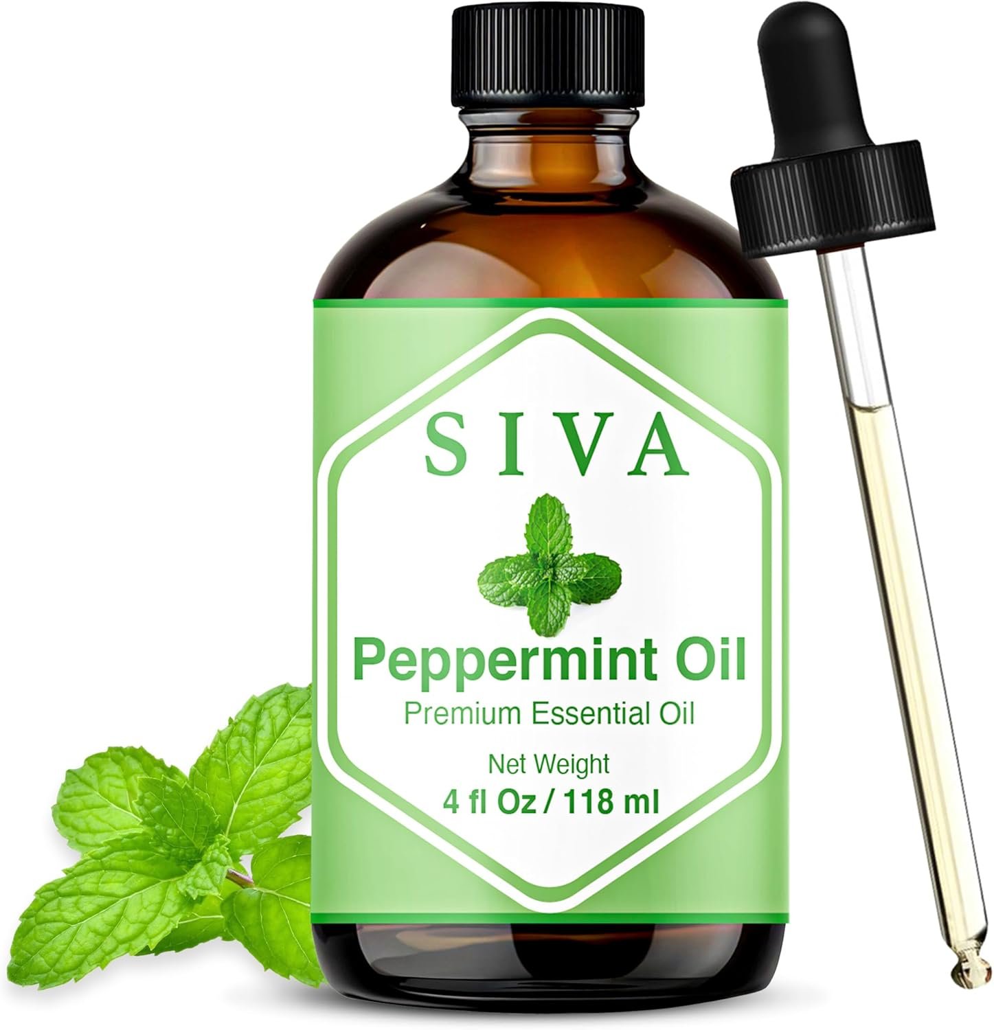 Siva Peppermint Essential Oil 4 Fl Oz – for Diffuser, Skin & Hair Care – Ideal for Aromatherapy, Massage & DIY Blends- with Dropper
