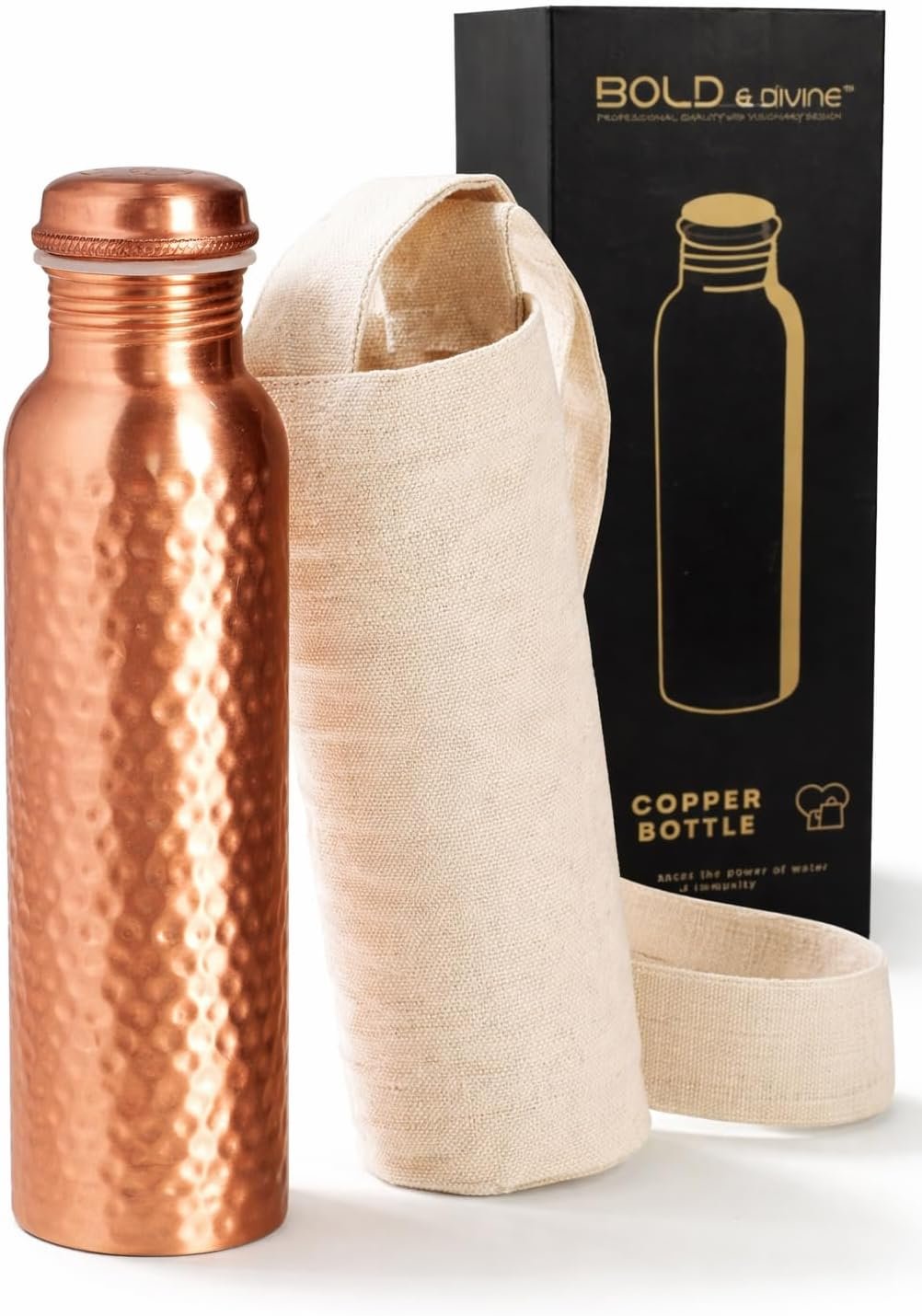 Bold & Divine Premium 32oz Pure Copper Hammered Water Bottle for Drinking – Ayurvedic Health Benefits – Handcrafted Copper Water Vessel – Leak-Proof Design, Rust-Free – Bonus Canvas Carry Bag