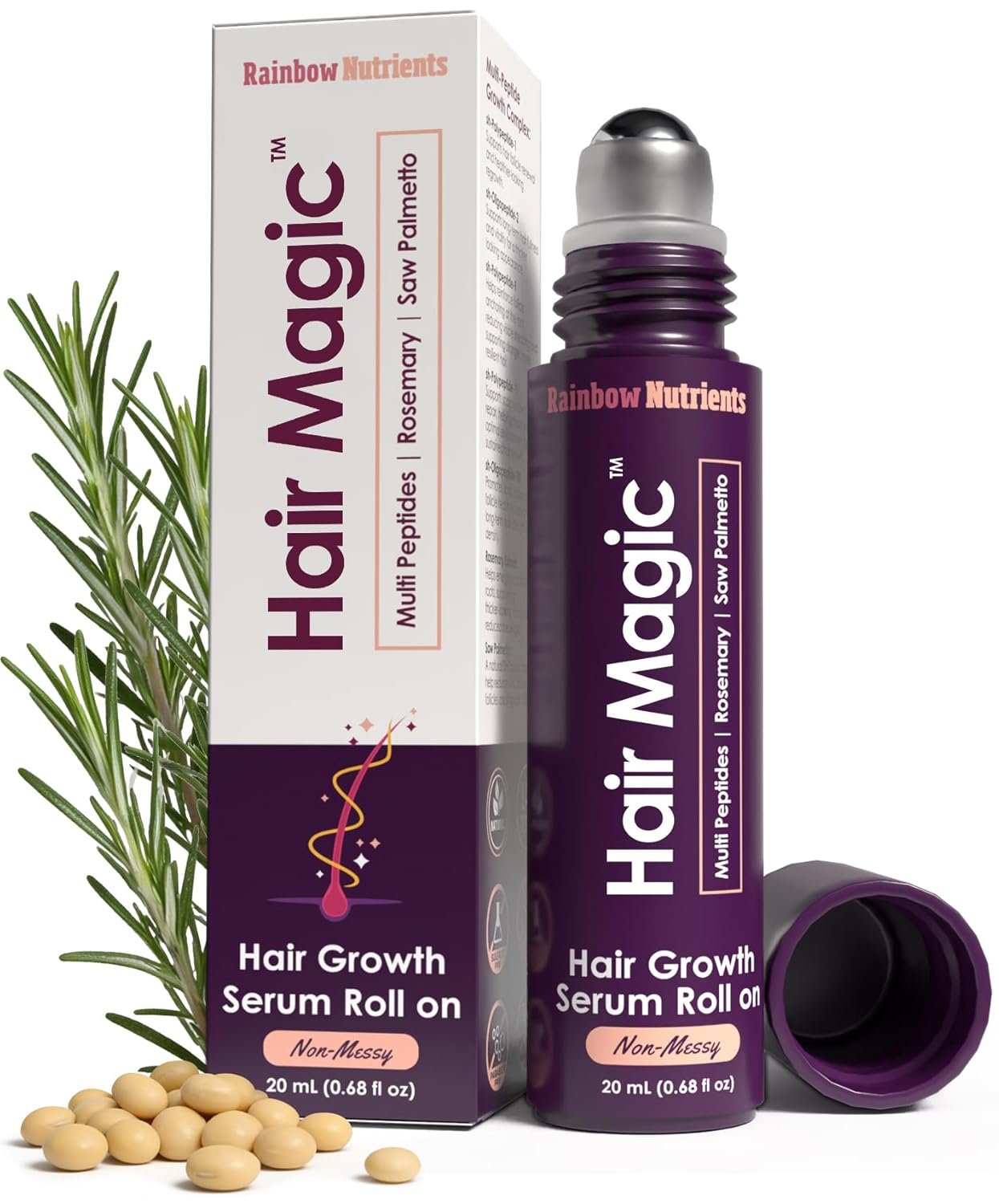 Hair Magic™ Hair Growth Serum Roll On- Multi-Peptides + Rosemary Oil for Hair Growth, Density, Beard, Eyebrows & Scalp Serum Treatment For Women & Men with Saw Palmetto – Suero Para El Cabello
