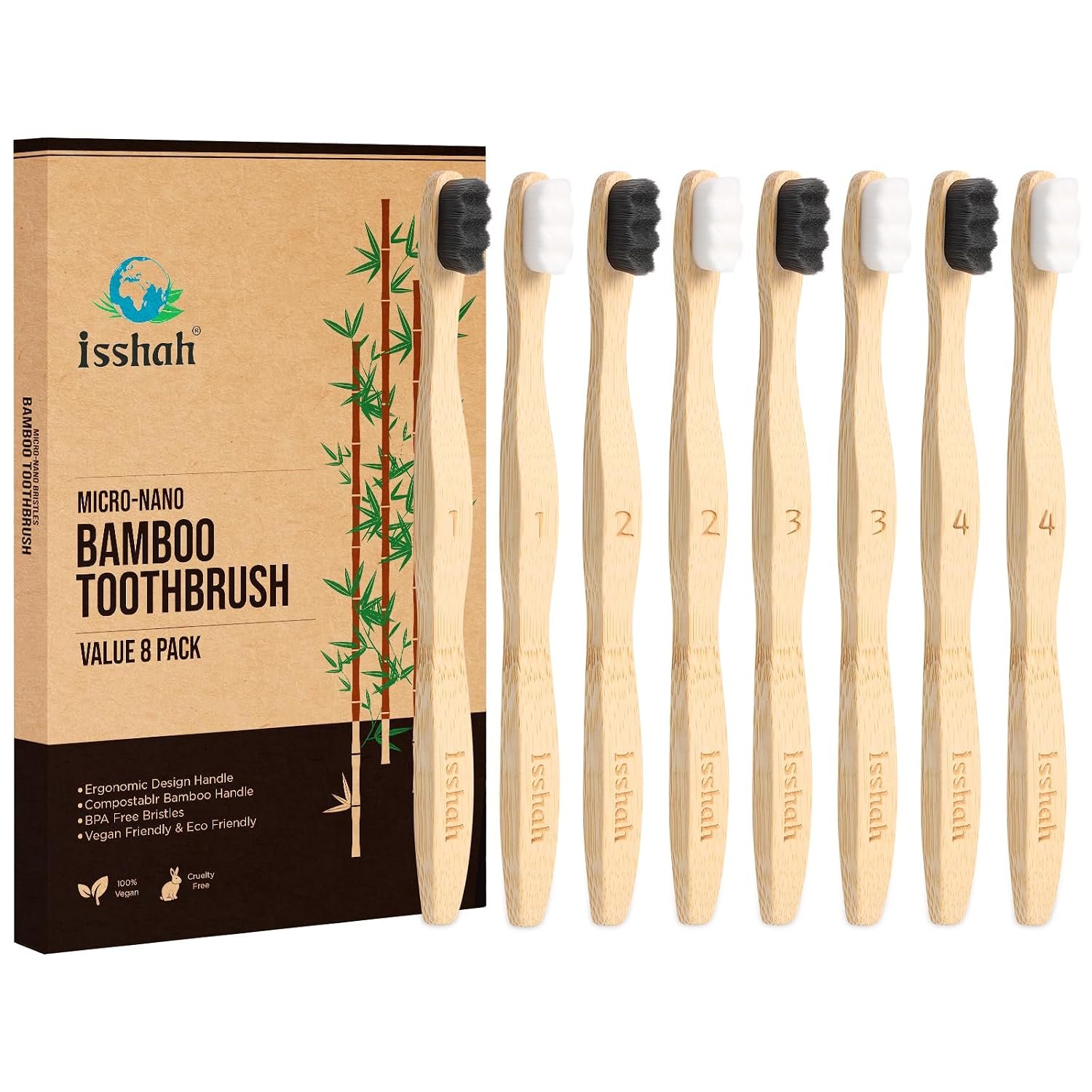 Isshah Extra Soft 20K Bristles Bamboo Toothbrush – Sensitive Gum – 8 Pack | FSC certified, PETA approved. Micro Nano 20K extra soft bristles for sensitive gums. Gentle effective cleaning.