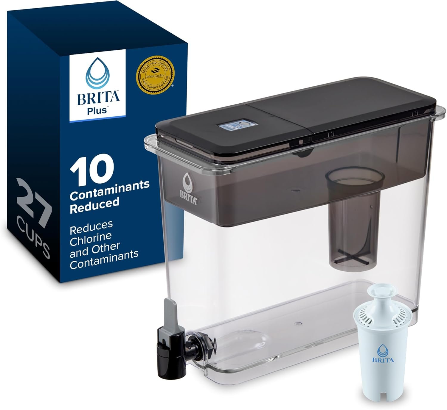 Brita Extra-Large 27-Cup Water Dispenser with BritaPlus Filter, WQA NSF/ANSI Certified, Reduces 2X Contaminants vs. Standard, Reduces Chlorine, Zinc, Copper, Mercury & More, 1 Filter Included, Black