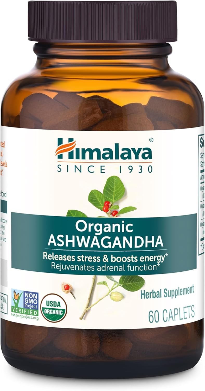 Himalaya Organic Ashwagandha Root, 60 Day Supply – Herbal Adrenal Support Supplements for Stress Relief and Energy Support – USDA Organic, Non-GMO, Vegan, Gluten Free, No Additives, 670 mg, 60 Caplets
