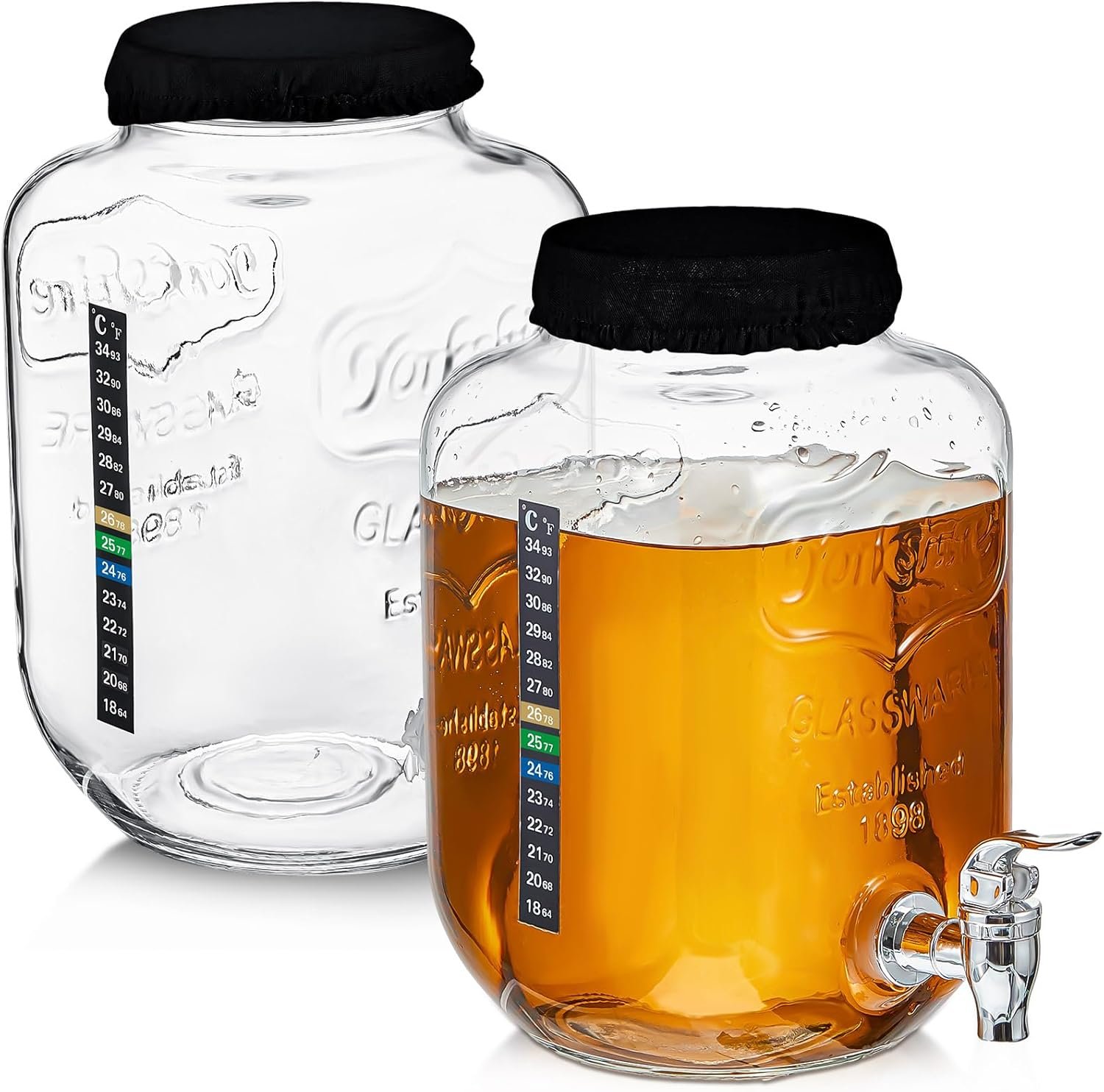 Ziliny 1 Gallon Kombucha Brewing Jar Kit Continuous Kombucha Brewing Starter Kit, 2 Pack 1 Gallon Glass Jar with Dispenser Tap, 6 Temperature Strips, 2 Elastic Cloth Covers for Home Fermentation