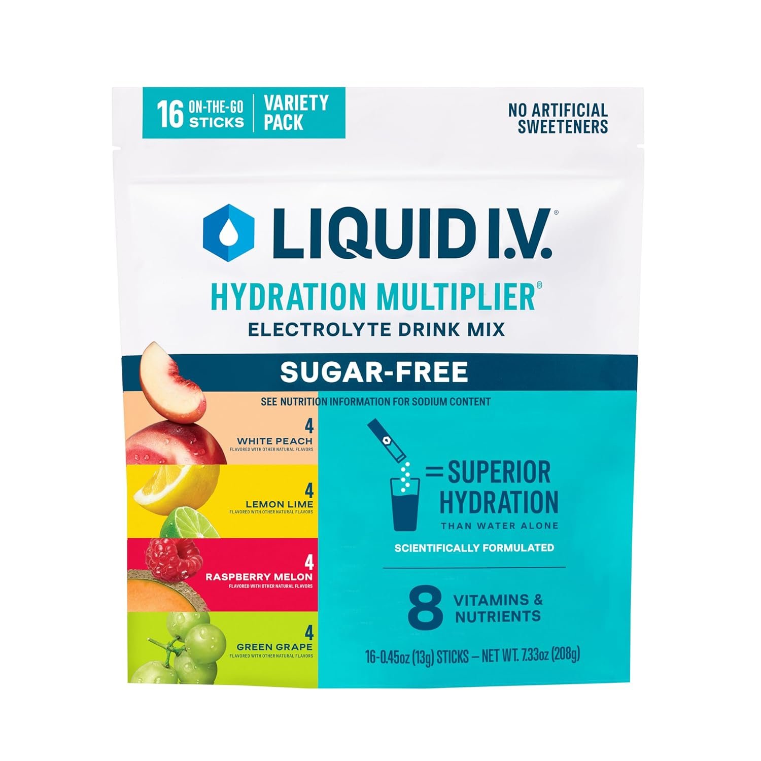 Liquid I.V.® Hydration Multiplier Sugar-Free Variety Pack – Raspberry Melon, Lemon Lime, White Peach, Green Grape | Electrolyte Powder Drink Mix | 1 Pack (16 Servings)