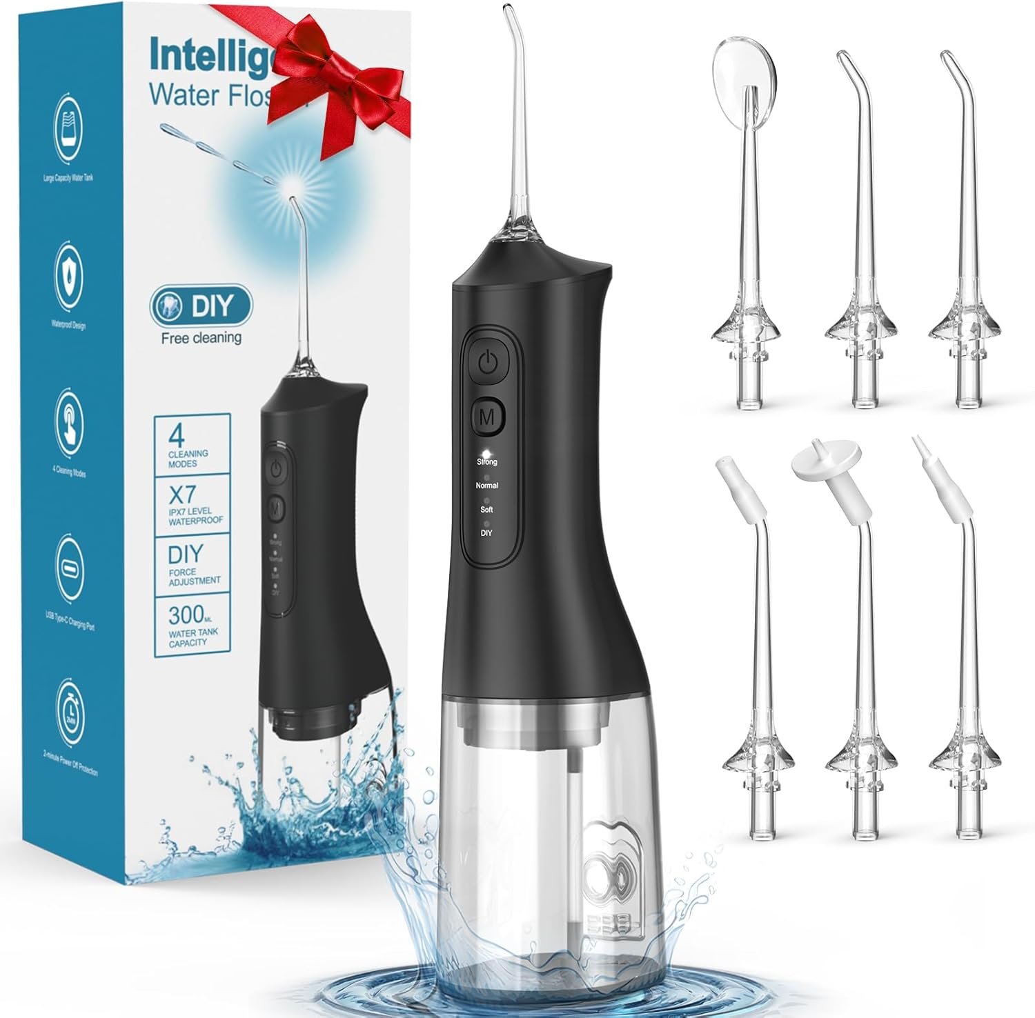 Water Flosser for Teeth, Cordless Portable Oral Irrigator with 300ML Tank, 4 Modes, 6 Jet Tips, IPX7 Waterproof Rechargeable Dental Flosser for Braces, Gum Care, Home & Travel, Black