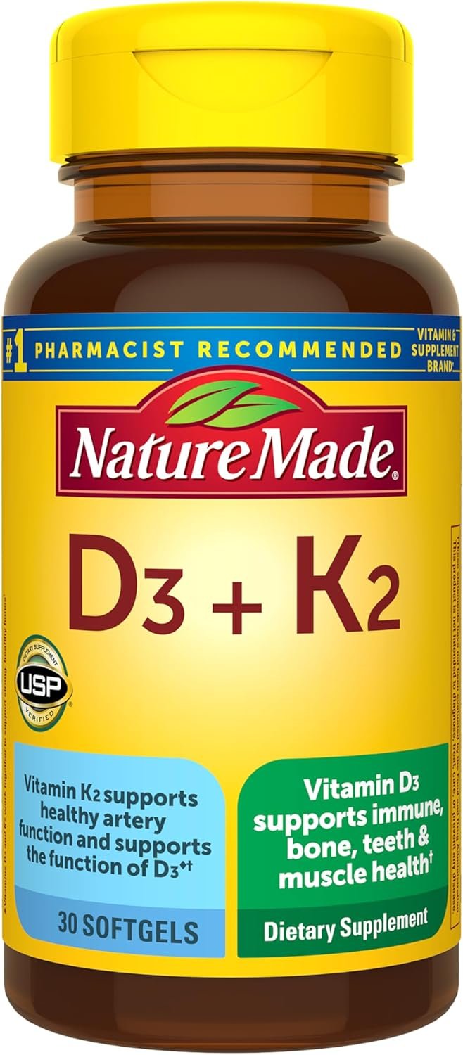 Nature Made Vitamin D3 K2 Supplement, 5000 IU (125 mcg) Vitamin D for Bone, Muscle and Immune Support, 30 Softgels