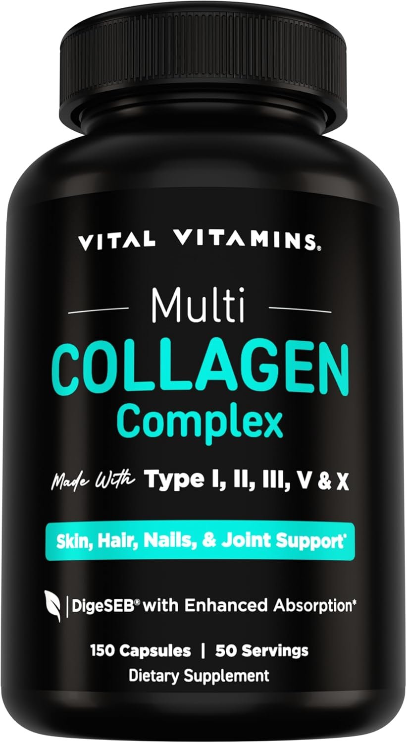 Vital Vitamins Multi Collagen Peptides Capsules for Women & Men – Type I, II, III, V, X Collagen Supplements – Grass-Fed, Non-GMO – 150 Pills
