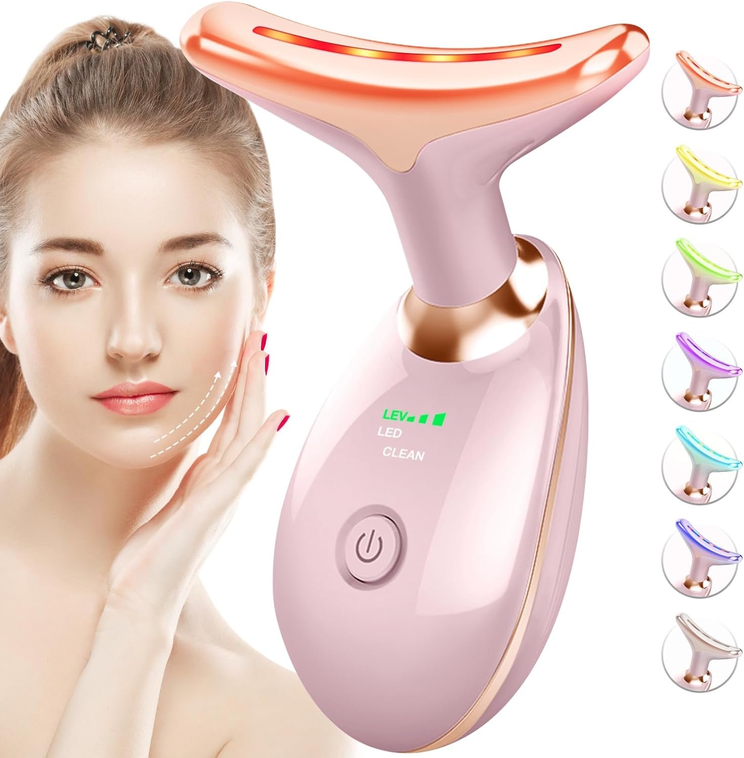 SDKWDH Red-Light-Therapy-for-Face-and-Neck, 7 Color Face Massager Tool for Wrinkles, Double Chin, Vibrating Facial Massager with Thermals for Skin Care, Glossy Pink