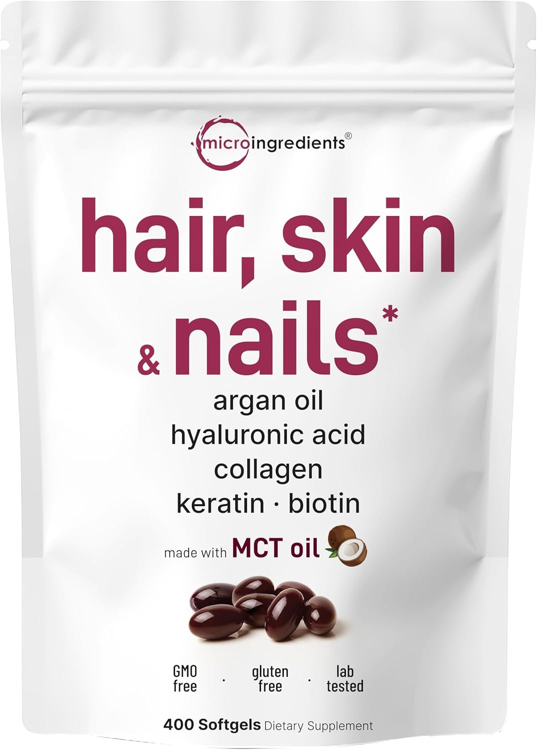 Micro Ingredients Hair Skin and Nails Vitamins for Women & Men | 400 Softgels with MCT Oil | 22-in-1 Argan Oil, Hyaluronic Acid, Collagen, Keratin & Biotin Complex | Natural Hair Growth Support