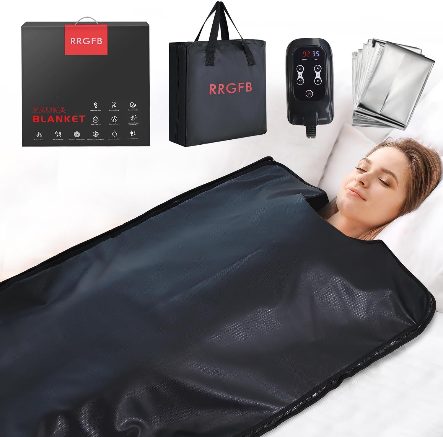 Infrared Sauna Blanket, Durable PU Leather Cover Detox & Relaxation at Home Adjustable Timer, Size 6 ft x 2.6 ft(Black)