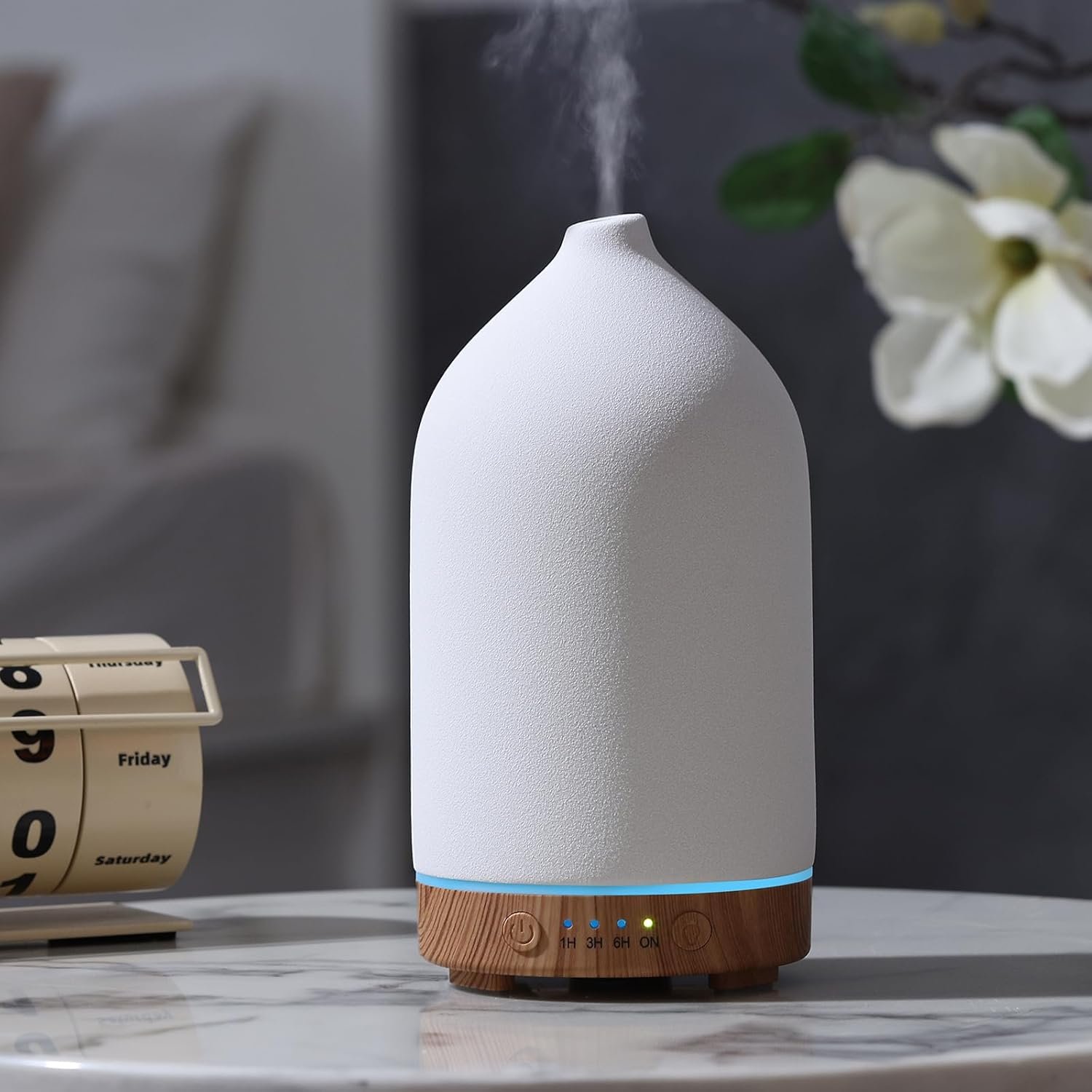 Gooamp 200ML Ceramic Essential Oil Diffuser – Ultrasonic Aromatherapy & Humidifier with 7-Color LED Lights, Auto Shut-Off, Wood Grain Base, 1H/3H/6H Timer | Scent for Home, Office, Yoga