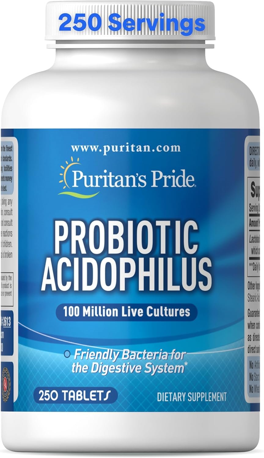 Puritan’s Pride Daily Probiotic Acidophilus, 100 Million Live Cultures, Dietary Supplement for Digestive, Gut, and Immune Health, Soy, Sodium, and Gluten Free, 8 Month Supply, 250 Tablets