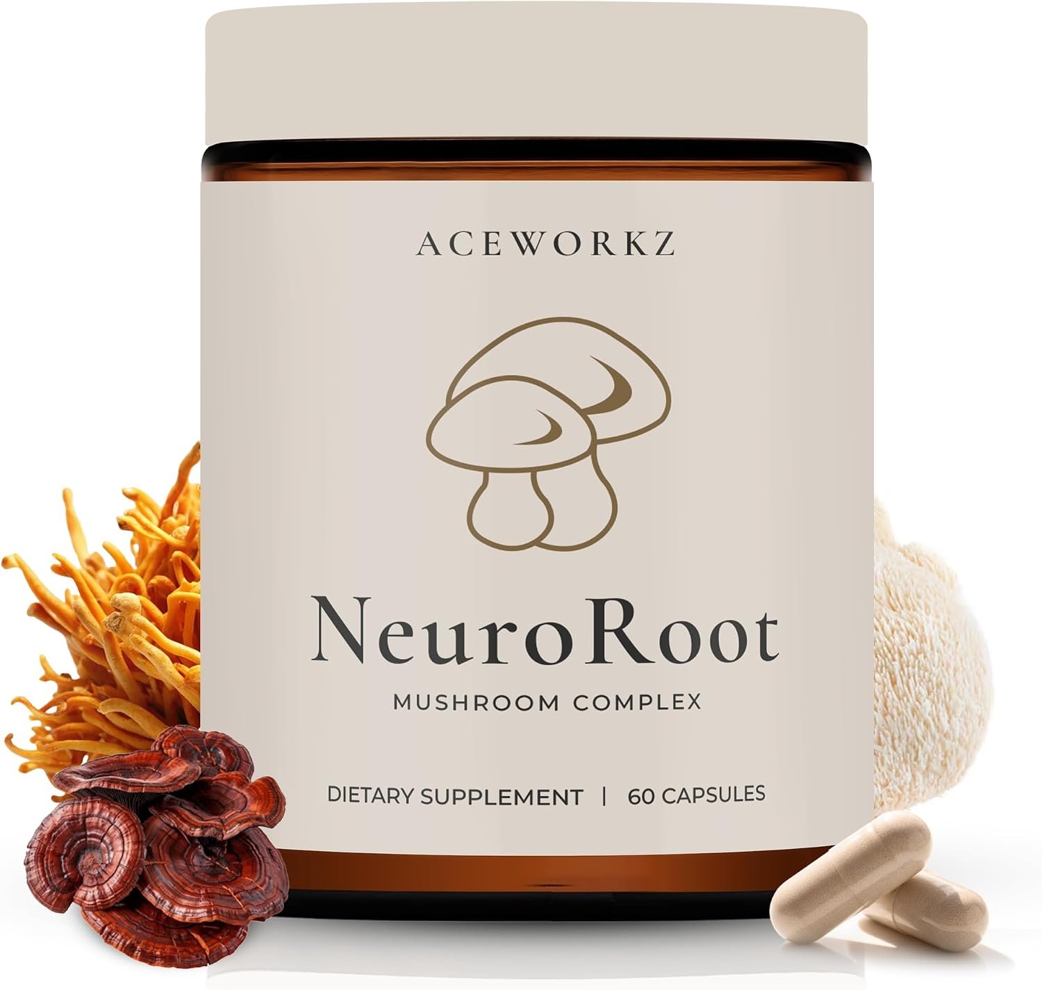 NeuroRoot Organic Mushroom Supplement – Lion’s Mane Reishi Cordyceps 10 Mushroom Blend – 10:1 Fruiting Body Extract – Memory, Focus, Immune Support – BioPerine® Enhanced Absorption (60 Capsules)