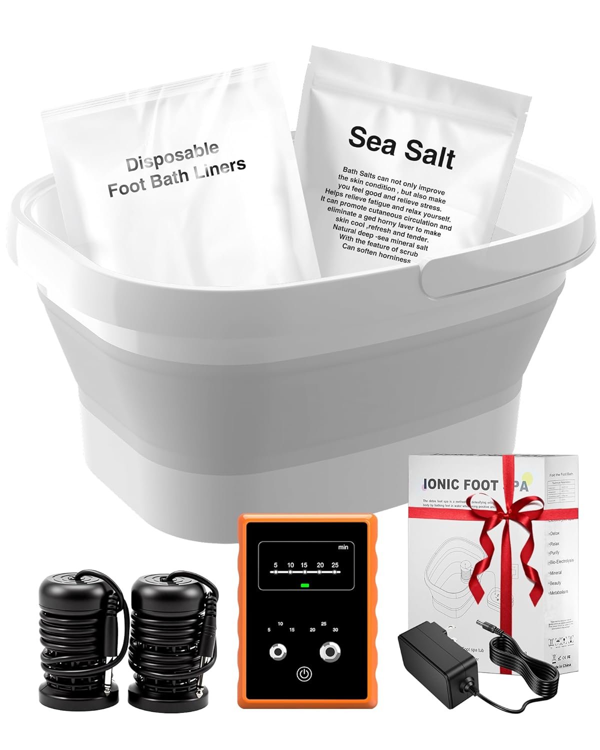 Ionic Foot Bath Detox Machine, Foot Detox Soak Tub with 2 Arrays, 80 Disposable Foot Spa Liners, Sea Salt, Folding Foot Spa Bucket, Home Salon-Level Foot Soaking Tub