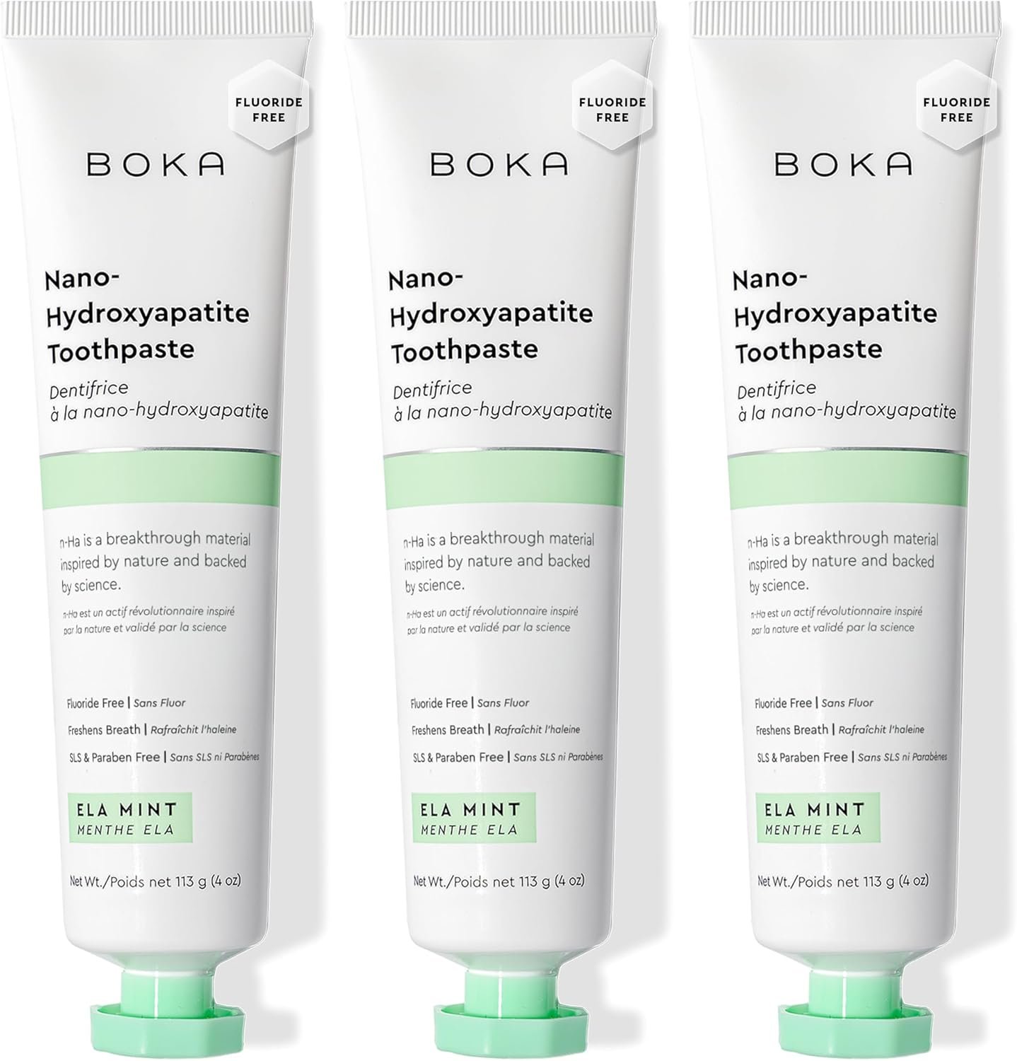 Boka Fluoride Free Toothpaste, Nano Hydroxyapatite Toothpaste, Appropriate for Sensitive Teeth – for Adult Oral Care – Ela Mint Flavor, 4 Fl Oz 3Pk