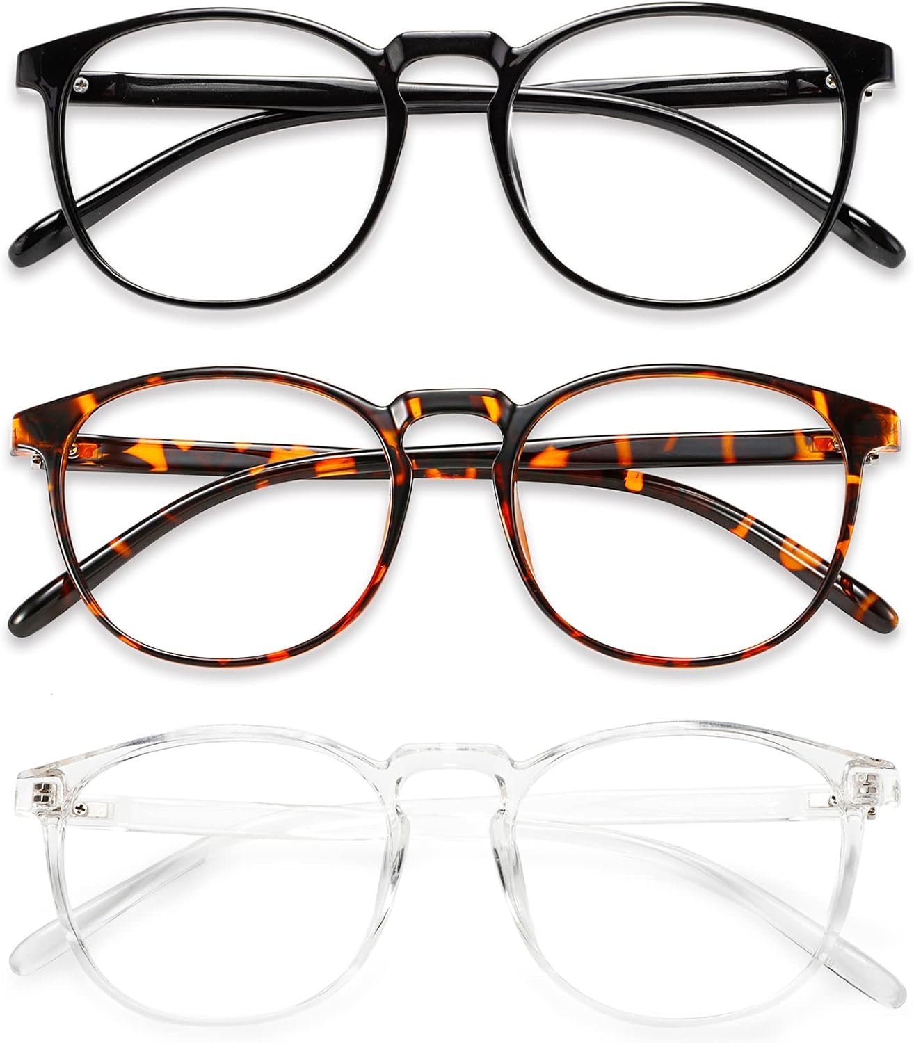 Przene 3 Pack Blue Light Blocking Glasses Women/Men,Retro Round Computer Glasses Anti Eye Strain/UV/Glare, Gaming Glasses. (Black/Crystal/Amber) | Retro Round,Computer Mobile Phone Gaming Glasses,Anti Eye Strain Fatigue,UV Protection,Anti Glare,3 Pack,Lightweight TR Frame