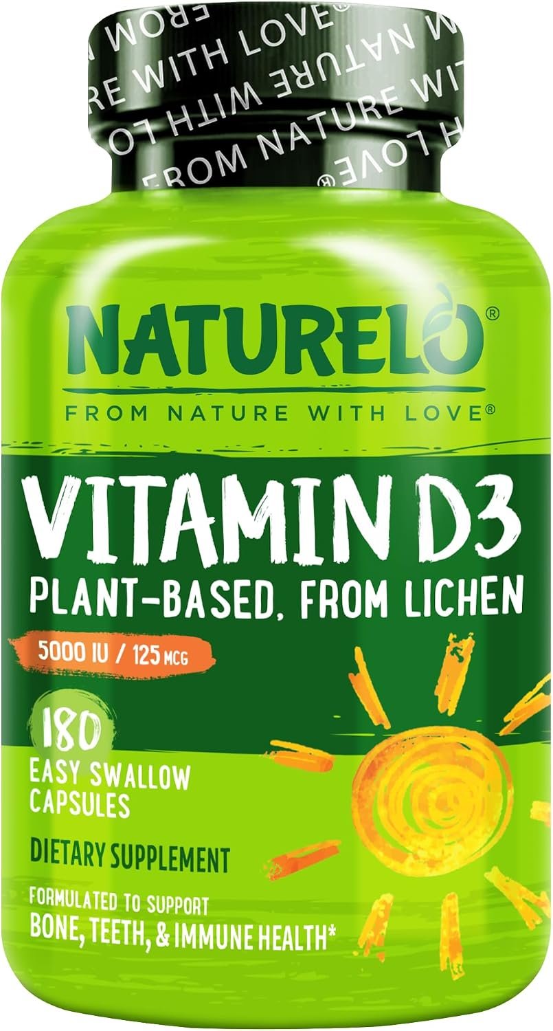 NATURELO Vitamin D – 5000 IU – Plant Based from Lichen – Natural D3 Supplement for Immune System, Bone Support, Joint Health – High Potency – Vegan – Non-GMO – Gluten Free – 180 Capsules