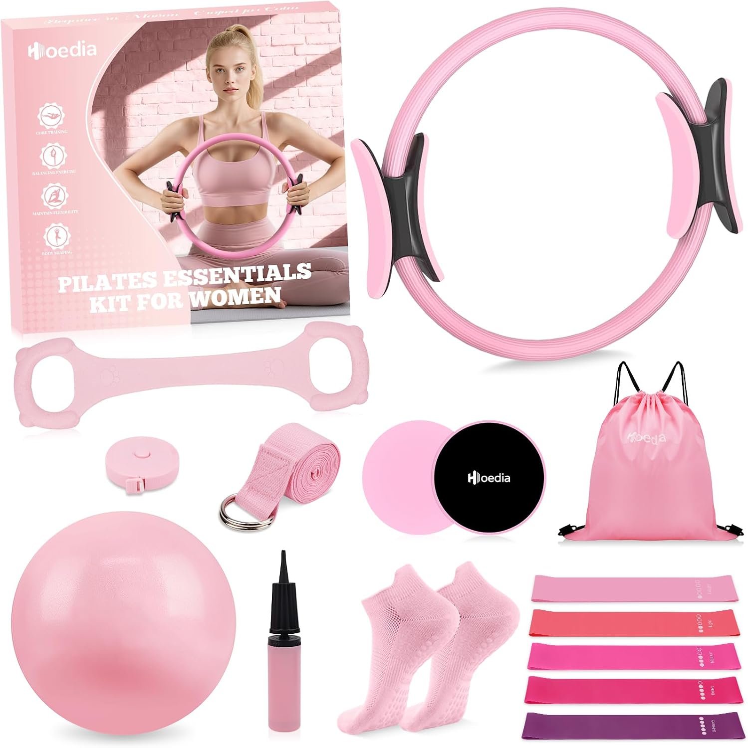 Hoedia Pilates Kit for Women, Pilates Equipment Ring and Ball Set with Resistance Bands, Yoga Strap, Core Sliders, Socks, Bag & Guide for Starter Home Workout Fitness Gym Essentials