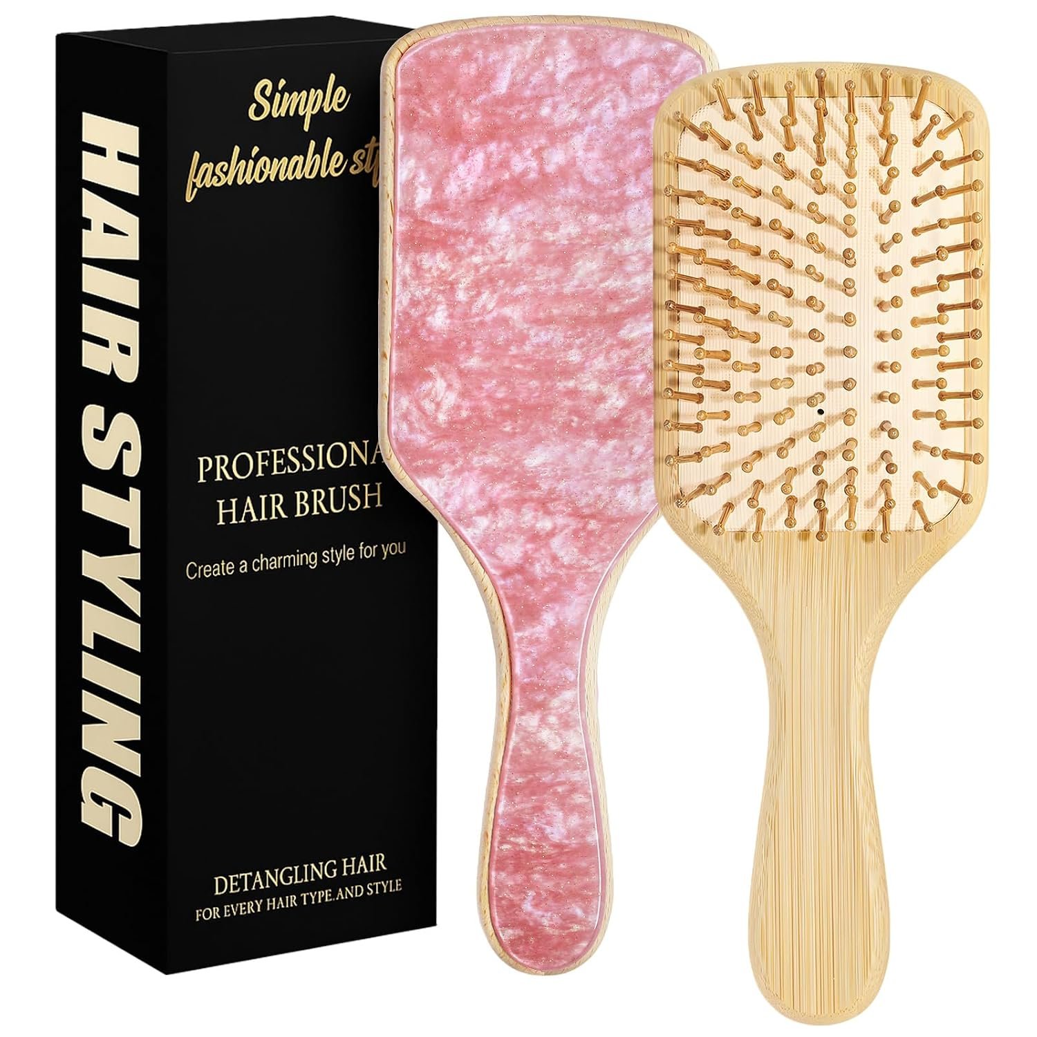 Bamboo Hair Brush Natural Wooden Paddle Bristles Hair Brush for Hair Growth for All Hair Types for Women Men and Kids