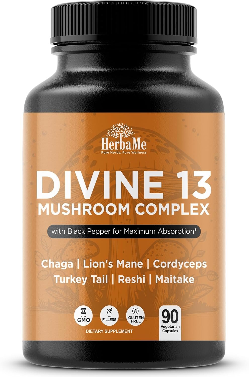 HerbaMe 13 Mushroom Extract Complex Capsules with Lion’s Mane, Cordyceps, Turkey Tail, Reishi & Chaga – Brain, Energy & Immune Support Supplement with Black Pepper for Absorption, 90 Count
