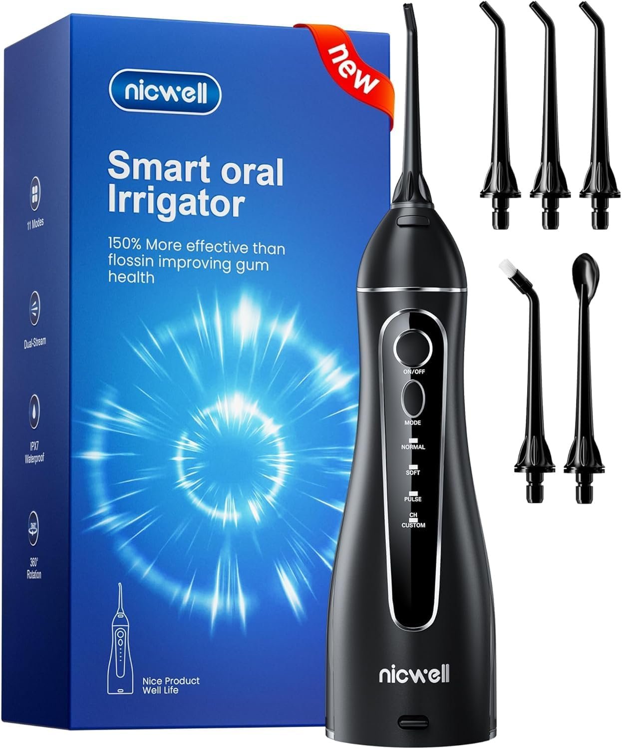 Nicwell Water Dental Flosser for Teeth – 4 Modes & 11 Pressure Settings Cordless Portable Oral Irrigator, IPX7 Waterproof Rechargeable with 5 Tips for Braces Cleaning, Travel, Deep Teeth Cleaning