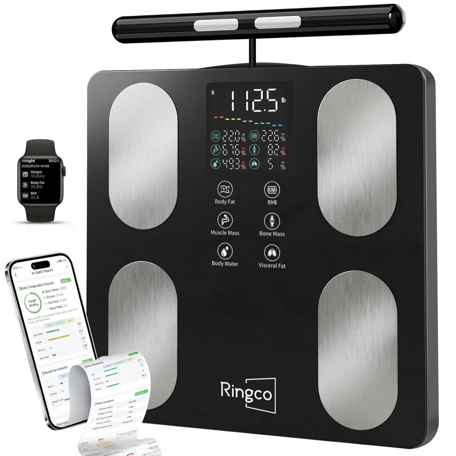 Body Pod Scale, Smart Scale with BMI Body Fat Muscle Mass, 8-Electrode High Precision Digital Bathroom Composition Analyzer with 12.2″ Large Platform and 4.8″ Display