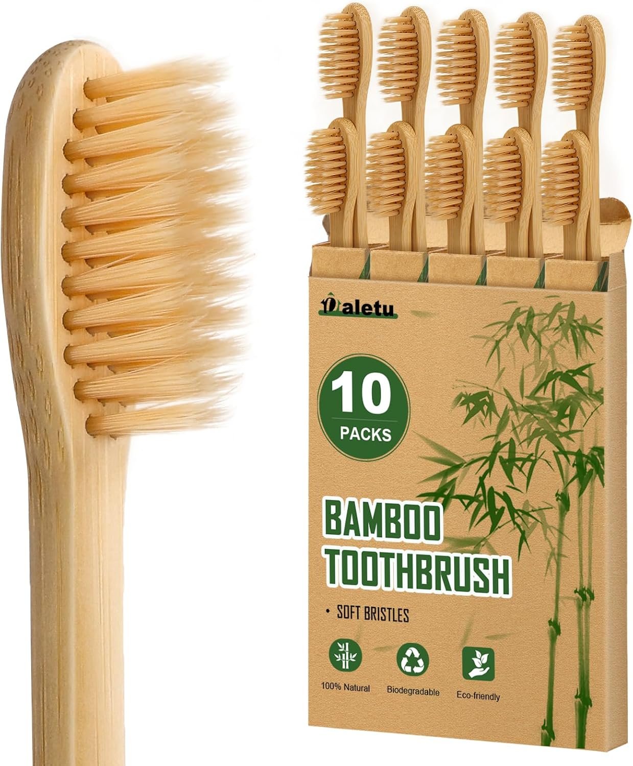 Daletu Bamboo Toothbrushes Soft Bristles 10 Pack, Biodegradable BPA Free Soft Bristles Toothbrushes for Adult, Eco-Friendly, Natural Wooden Organic Toothbrush