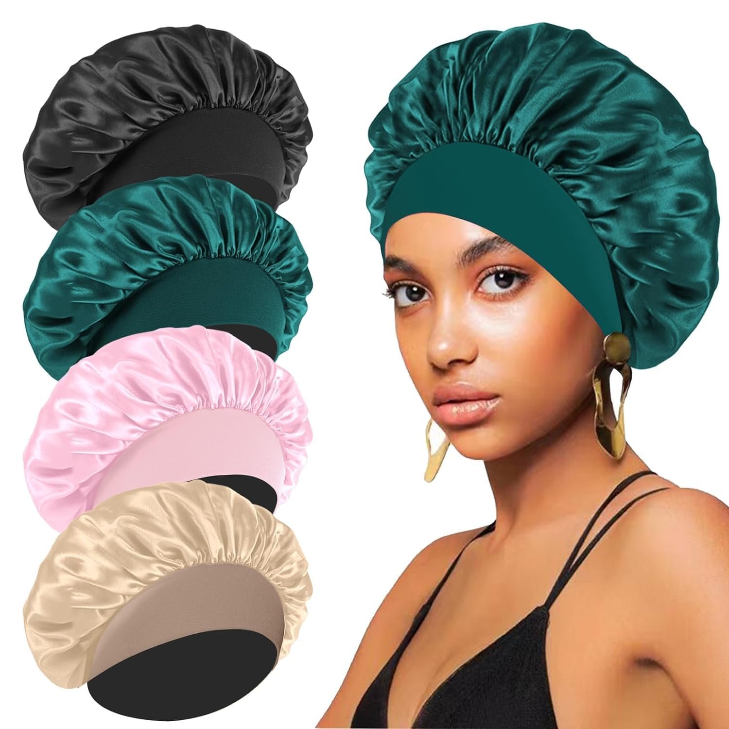 4PCS Silk Satin Bonnets for Black Women & Men – Elastic Wide Band Hair Wrap Cap for Curly Hair – Shower Cap for Sleeping (Black, Peacock Blue, Pink, Khaki)