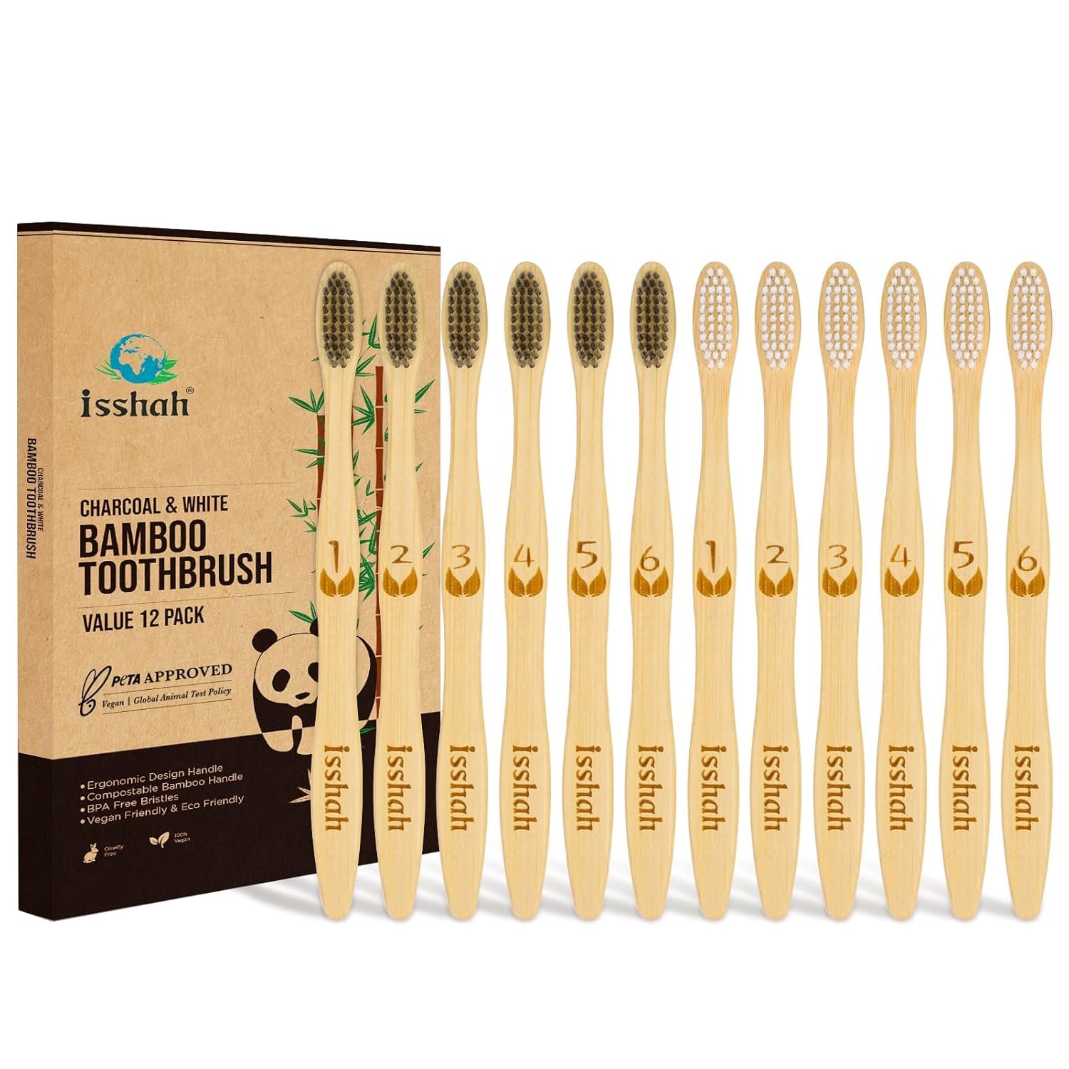 Isshah Biodegradable Bamboo Charcoal Toothbrush – 12 Pack – FSC Certified | FSC certified, PETA approved. Soft nylon bristles for gentle cleaning. Eco-friendly bamboo handle. Biodegradable. 12 pack.