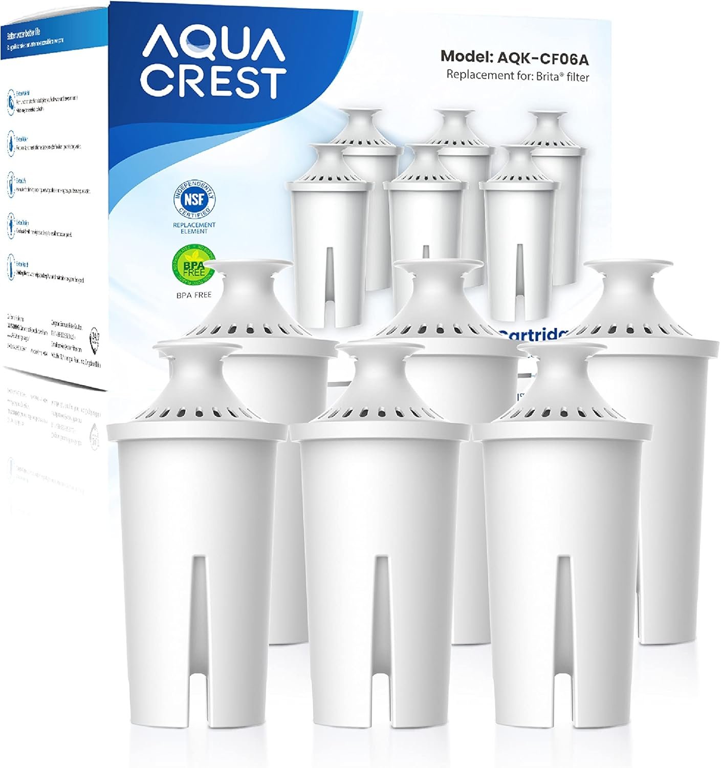 AQUA CREST CF06A Replacement for Brita® Filter, Brita® Water Pitchers and Dispensers, Classic OB03, Mavea® 107007, and More, NSF Certified Pitcher Water Filter, 1 Year Filter Supply, 6 Pack