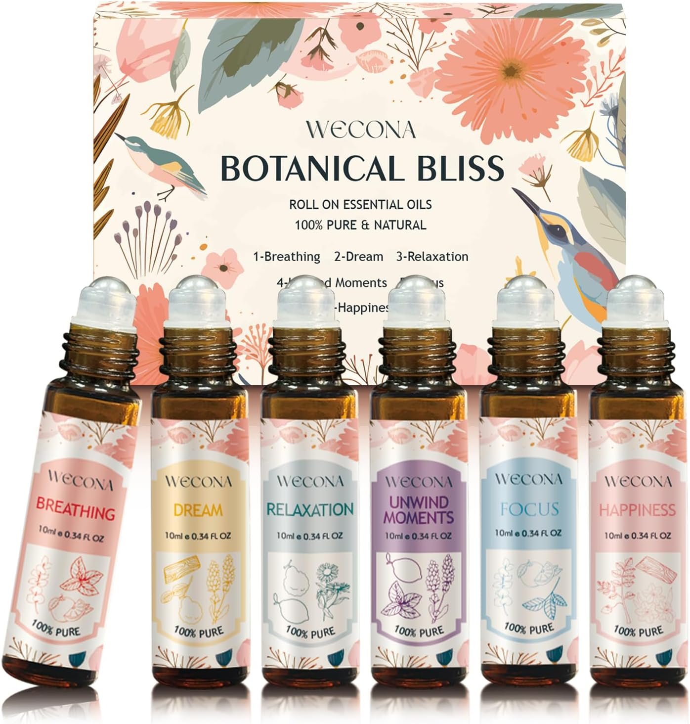Wecona Aromatherapy Essential Oil Roll-On Set – 6x10ml Essential Oil Blends with Roller Bottles, Portable Essential Oils for Diffusers for Home,Relaxing Gift for Women & Men