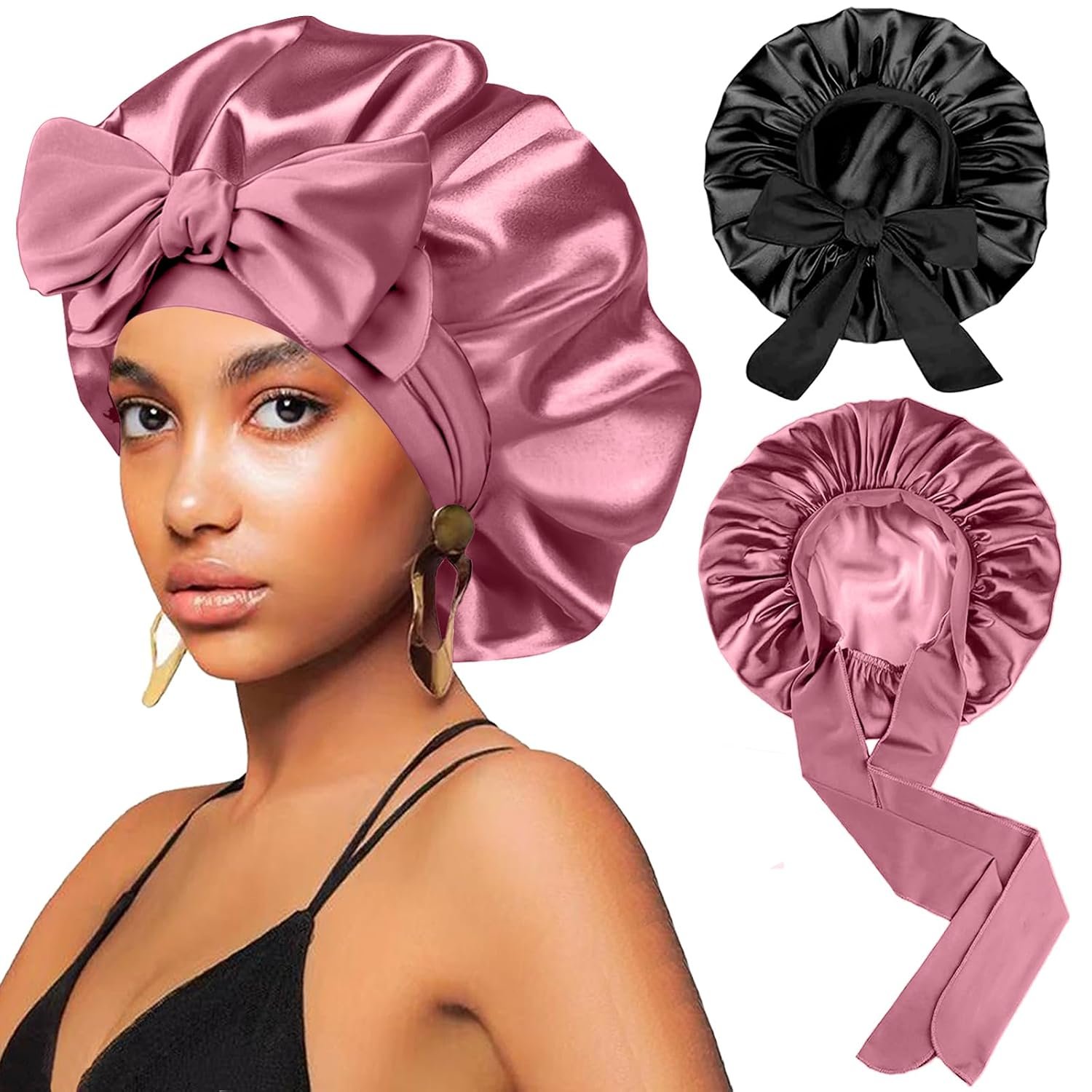 2Pcs Silk Hair Satin Bonnet for Sleeping Women,Large Satin Sleep Bonnets for Women with Elastic Tie Band Silk Hair Wrap with Ajustable Straps,Night Sleep Cap for Curly Braids,Black+Rose Gold