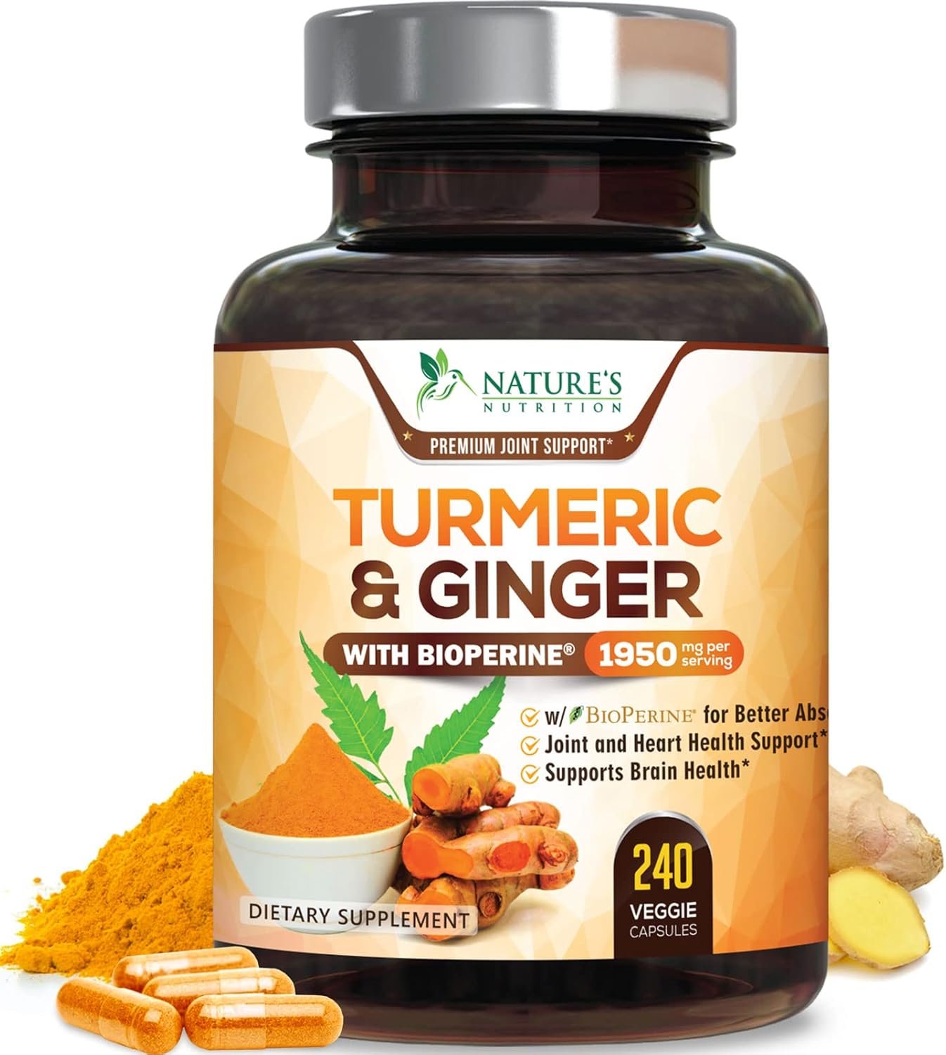 Turmeric Curcumin Supplement – 95% Curcuminoids with Organic Turmeric & Ginger, BioPerine Black Pepper Extract for Best Absorption, Natural Vegan Joint Support, Non-GMO, Bottled in USA – 240 Capsules