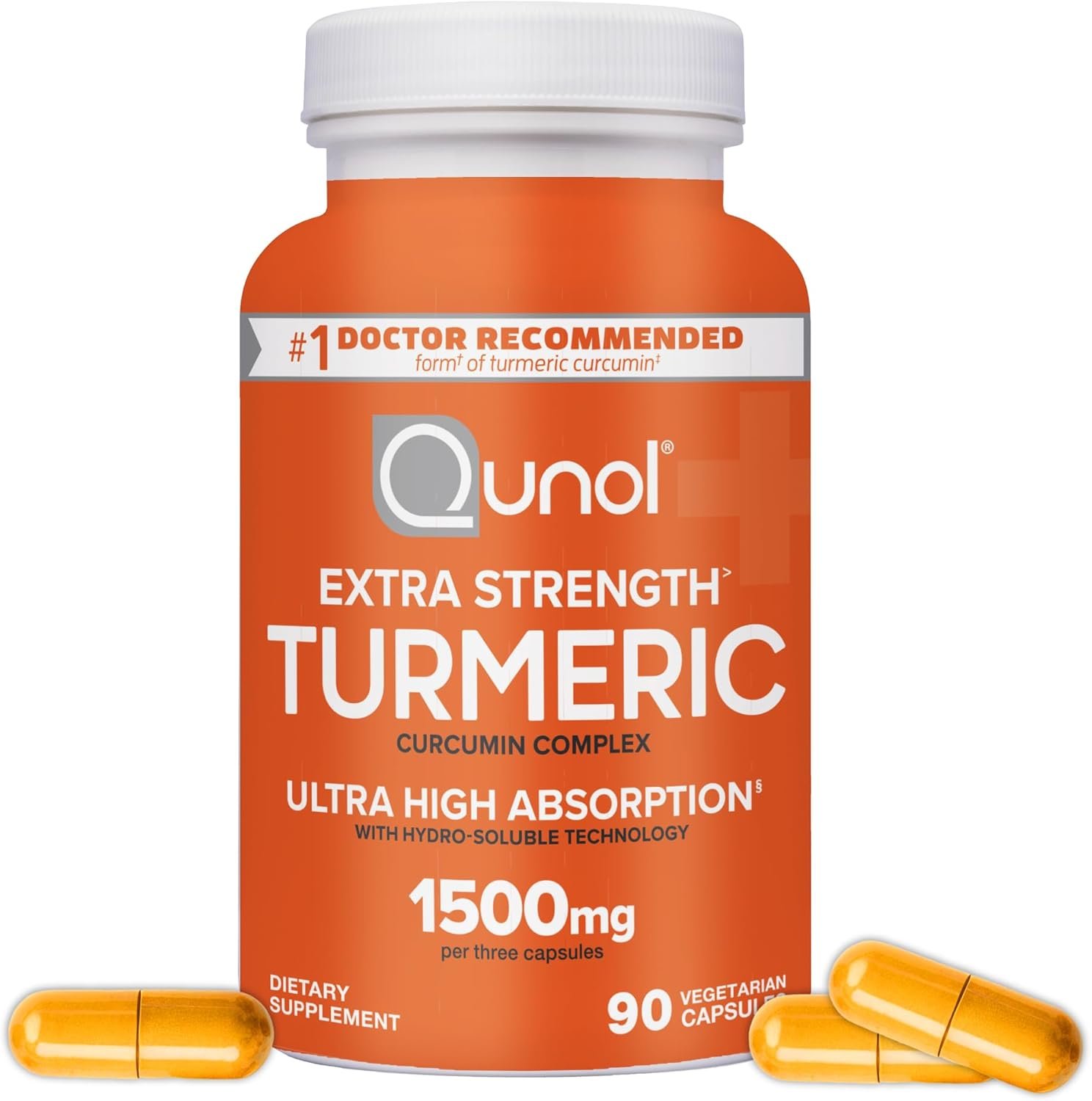 Turmeric Curcumin Capsules, Qunol with Ultra High Absorption 1500mg, Joint Support, Dietary Supplement, Extra Strength, 1 Month Supply, 90 Vegetarian Capsules