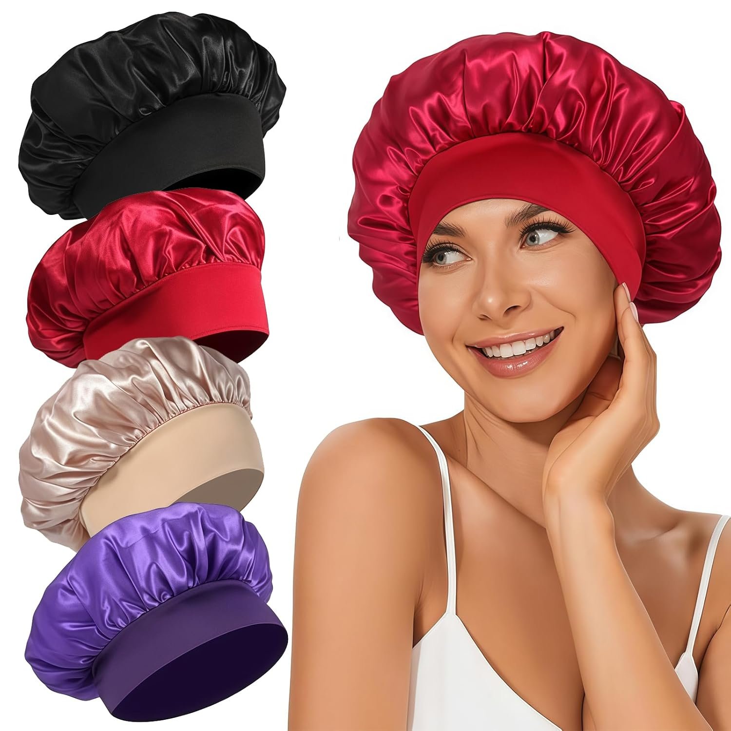 4Pcs Satin Bonnet Silk Bonnet, Hair Bonnet for Sleeping | Elastic Wide Band Silk Sleep Cap, Soft and Breathable, Black Red Purple Gold